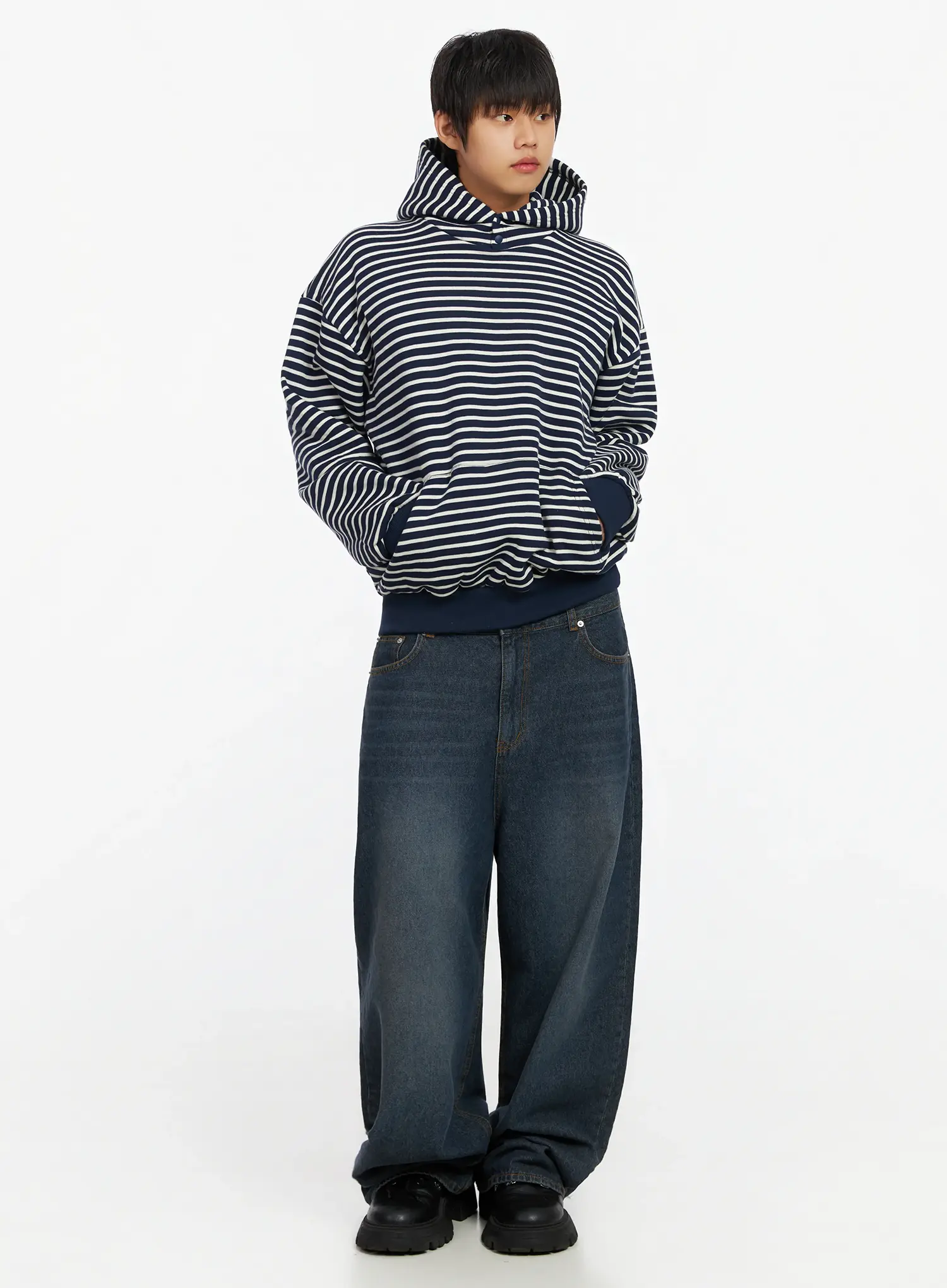 Men's Striped Button Neck Hoodie IF503 - Image 2
