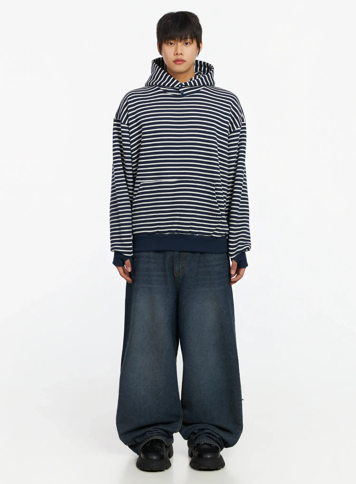 Men's Striped Button Neck Hoodie IF503 - Image 3
