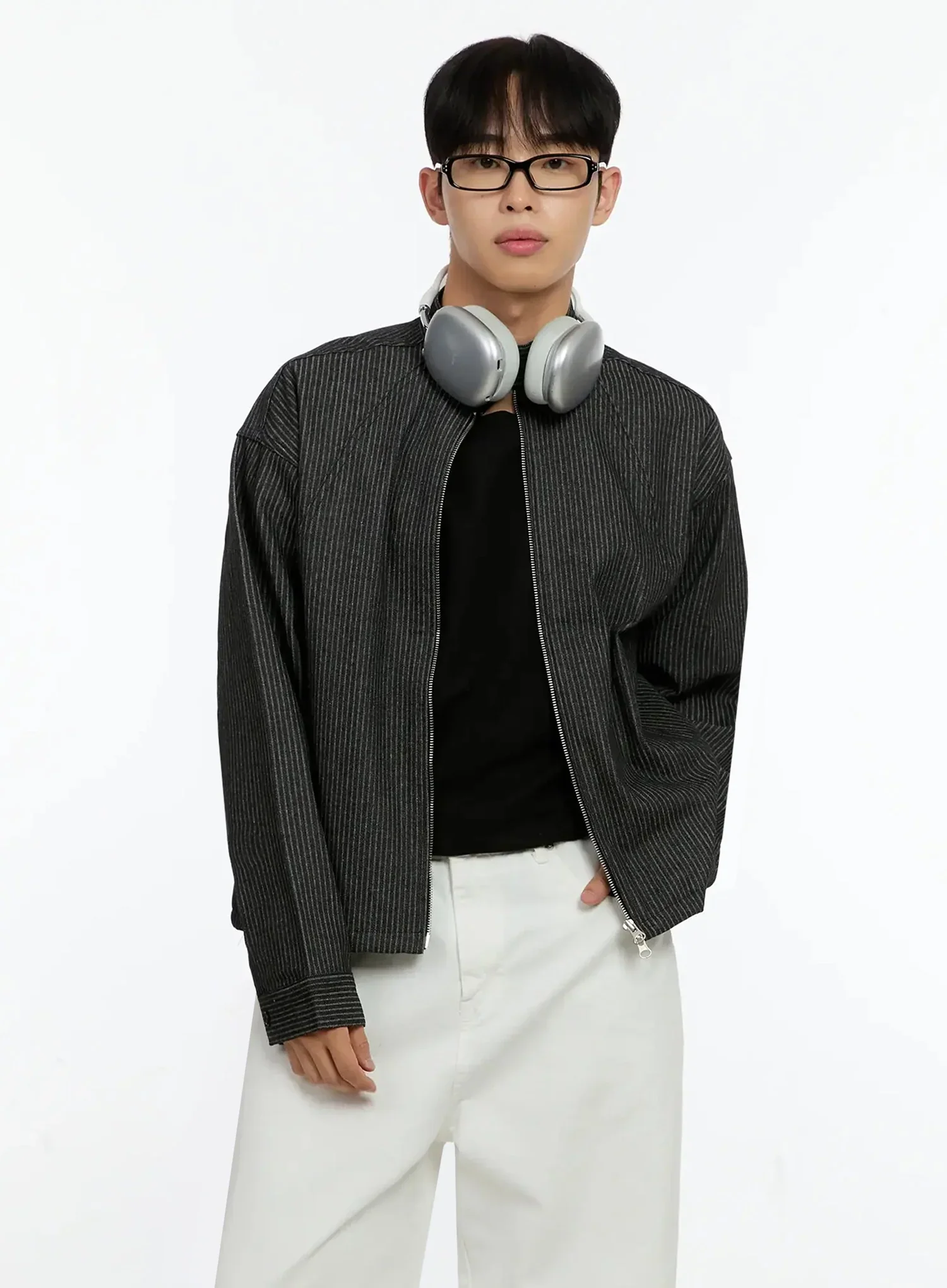 Men's Striped Denim Band-Collar Jacket IN525