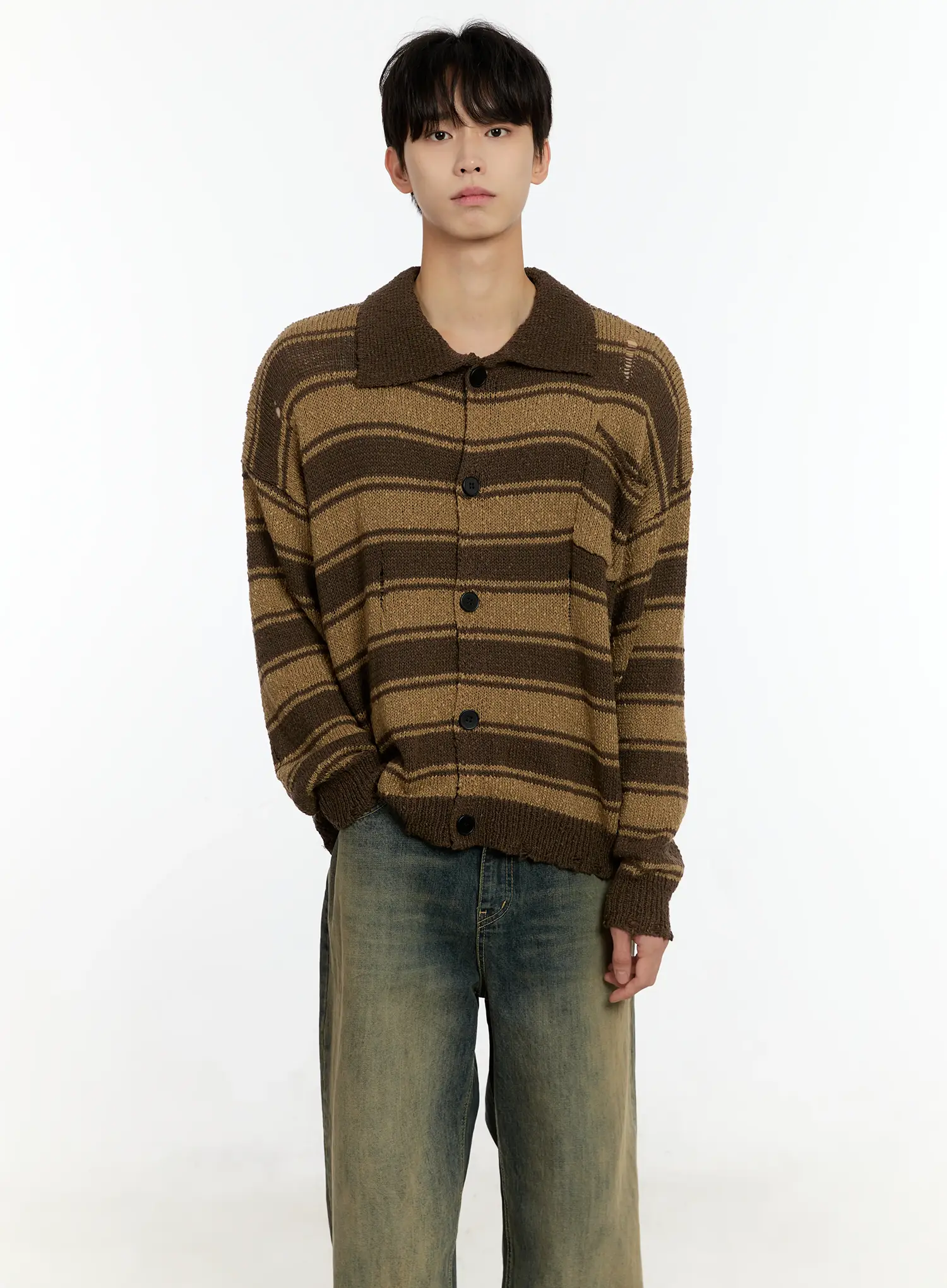 Men's Striped Distressed Collared Cardigan IN503 - Image 6