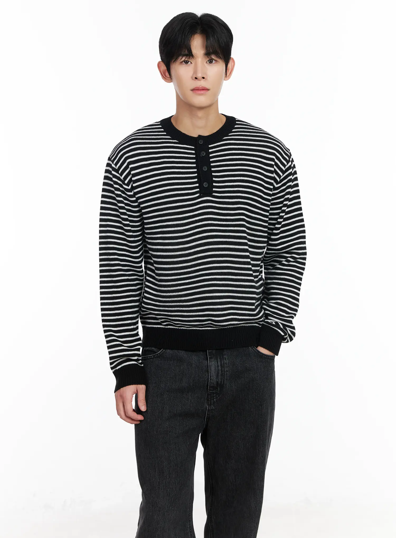 Men's Striped Henley Knit Sweater IM518 - Image 6