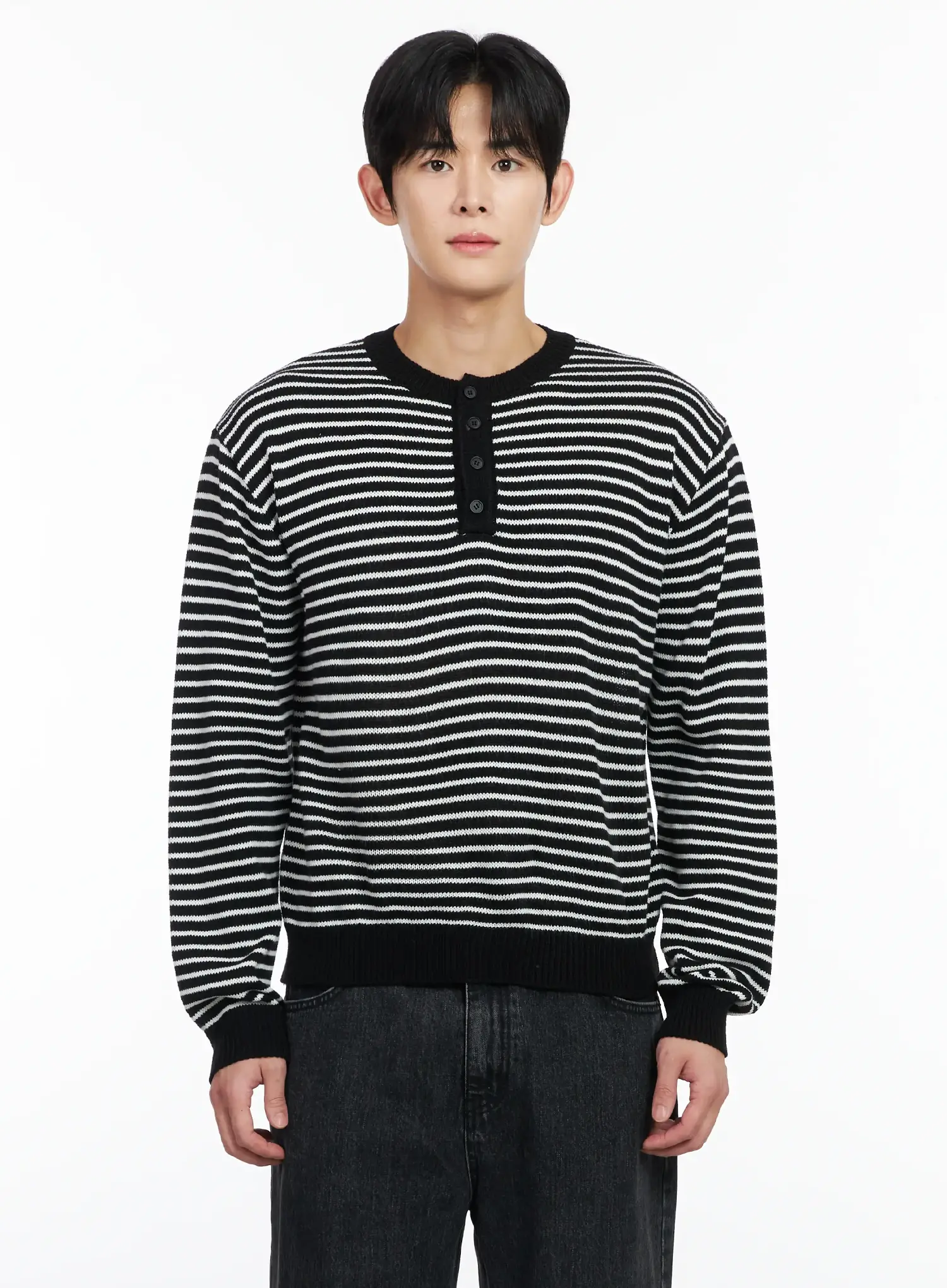Men's Striped Henley Knit Sweater IM518 - Image 9