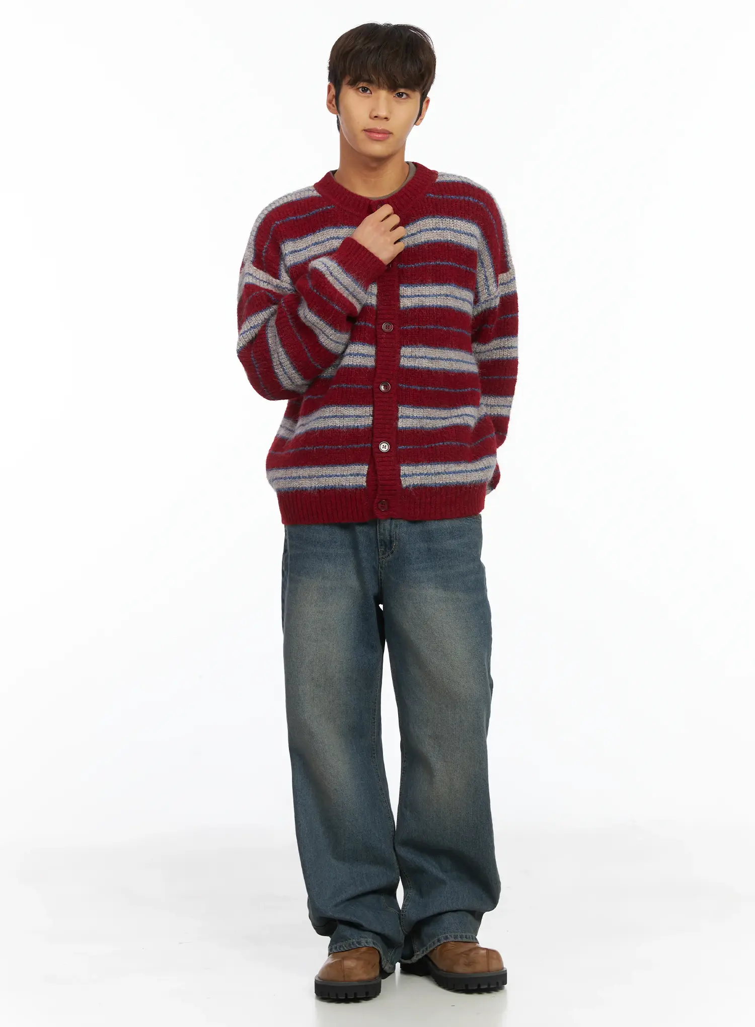 Men's Striped Knit Cardigan IJ514 - Image 9