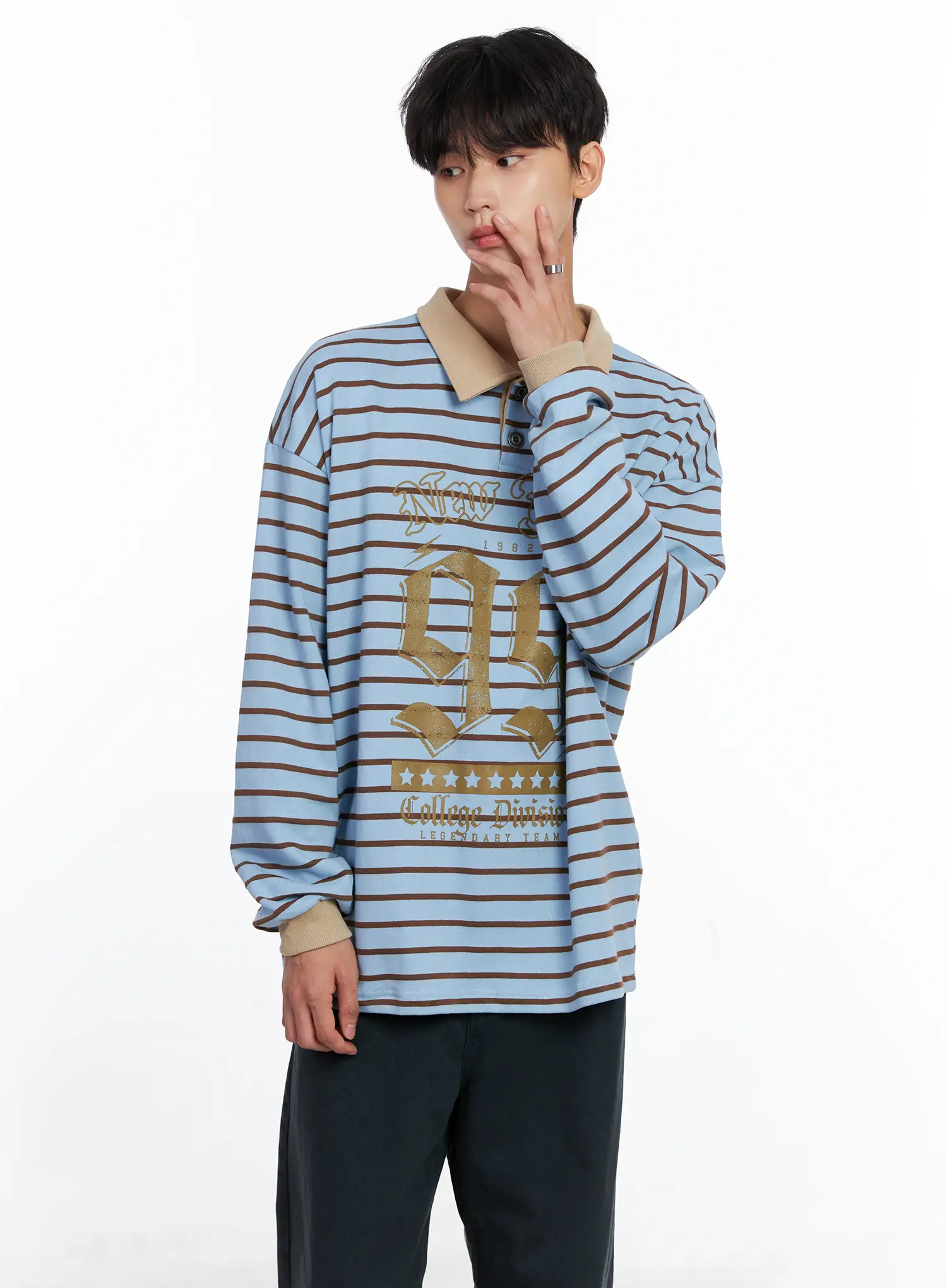 Men's Striped Polo Long Sleeve Top Is519 - Image 8