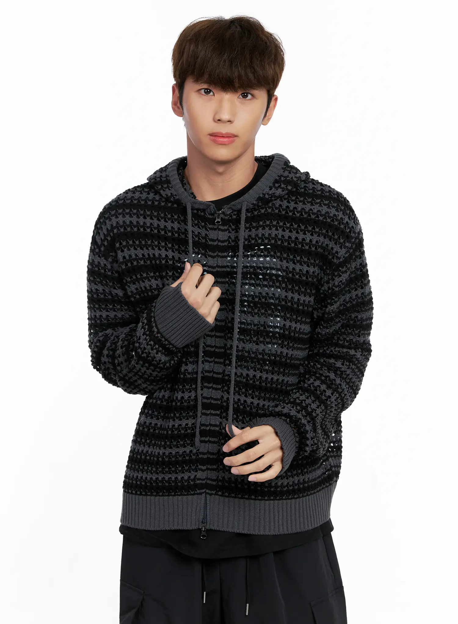 Men's Striped Textured Double Zip-Up Hoodie IO506 - Image 7