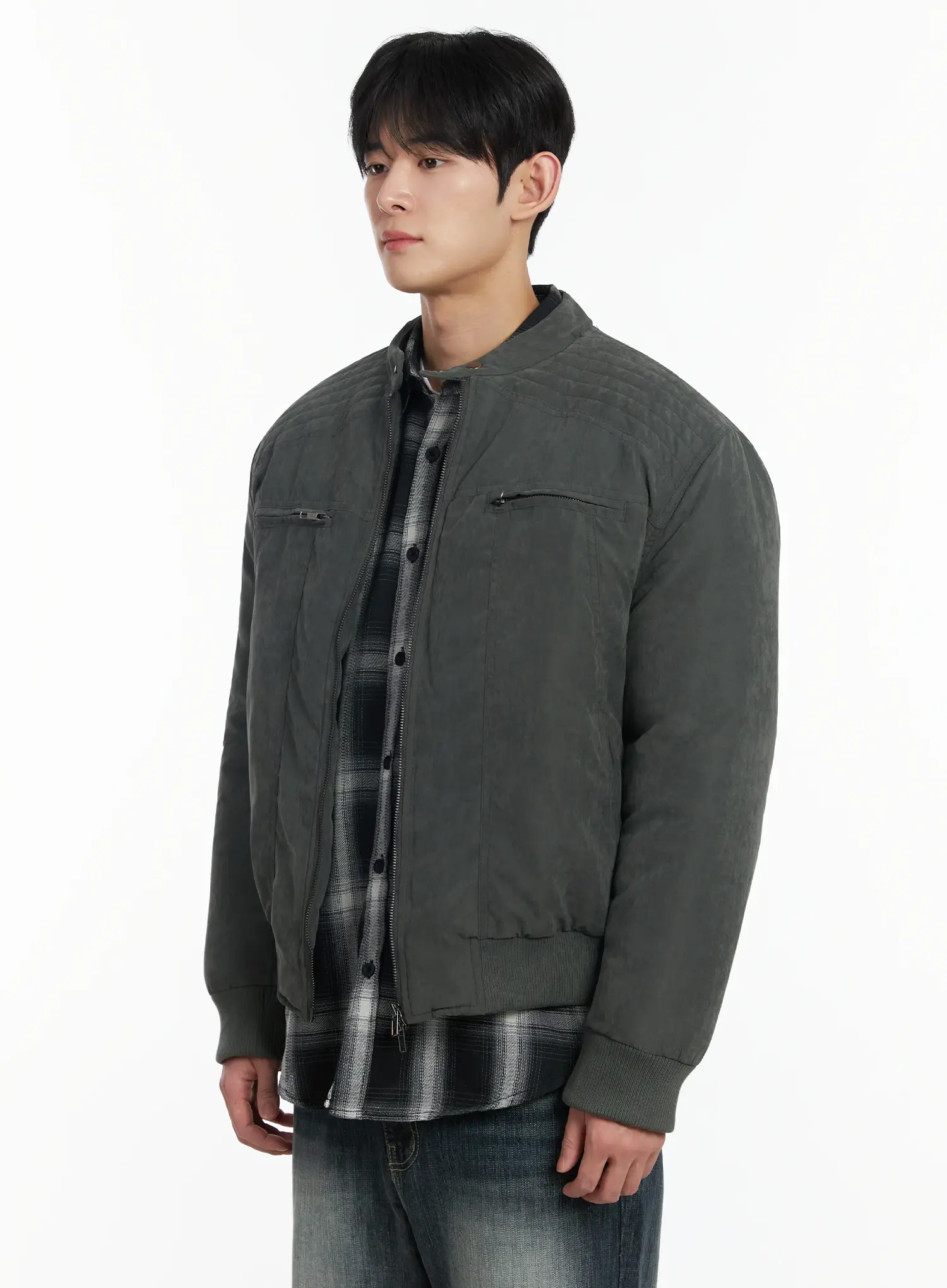 Men's Two -Way Zipper Biker Jacket (Dark Green) IF517 - Image 4