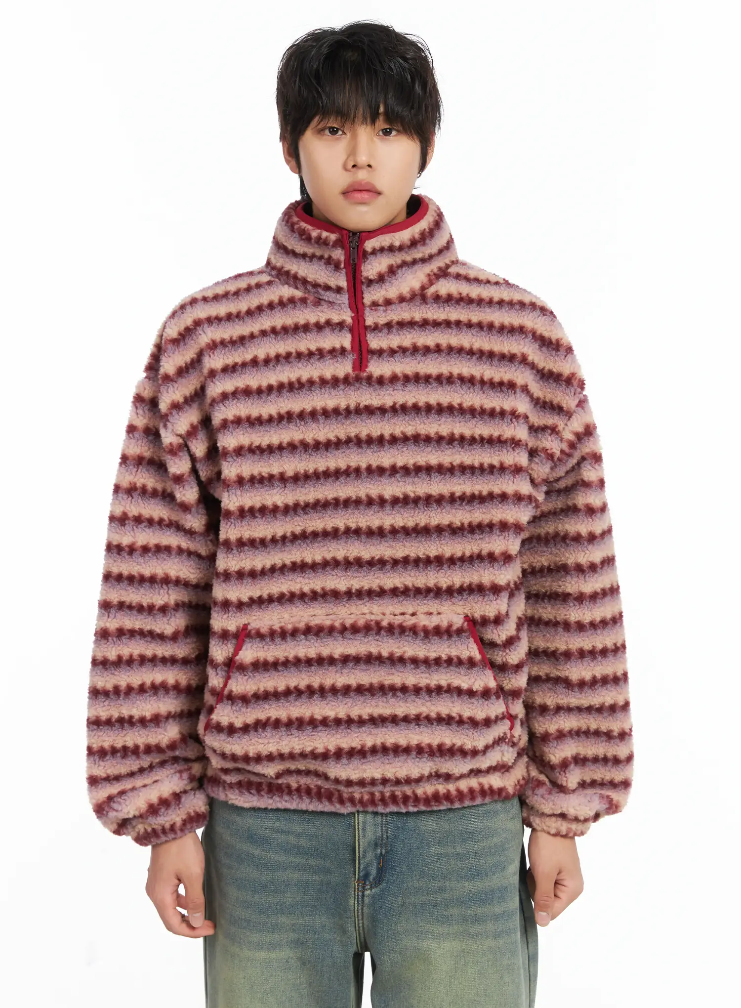 Men's Warm Fleece Striped Quarter Zip-Up IJ512 - Image 14