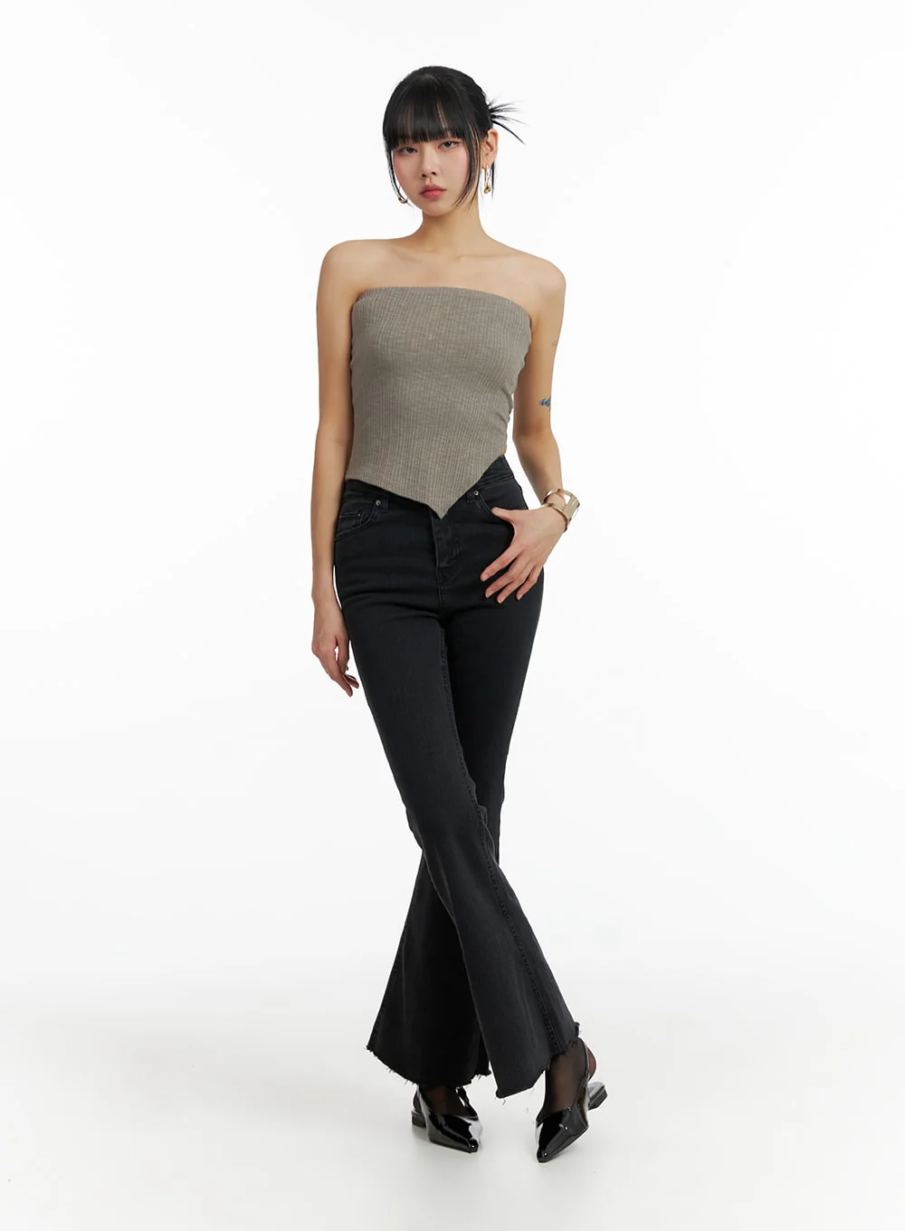 Mid Waist Button Flared Jeans IF402 - Image 6