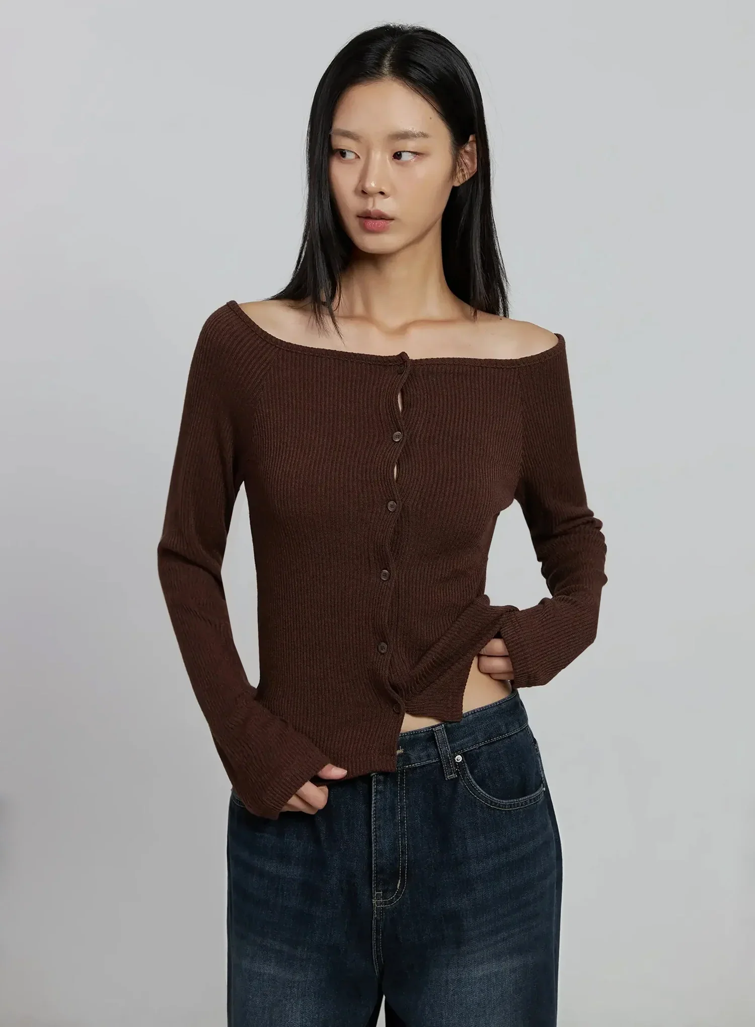 Off-Shoulder Button Ribbed Cardigan IM520