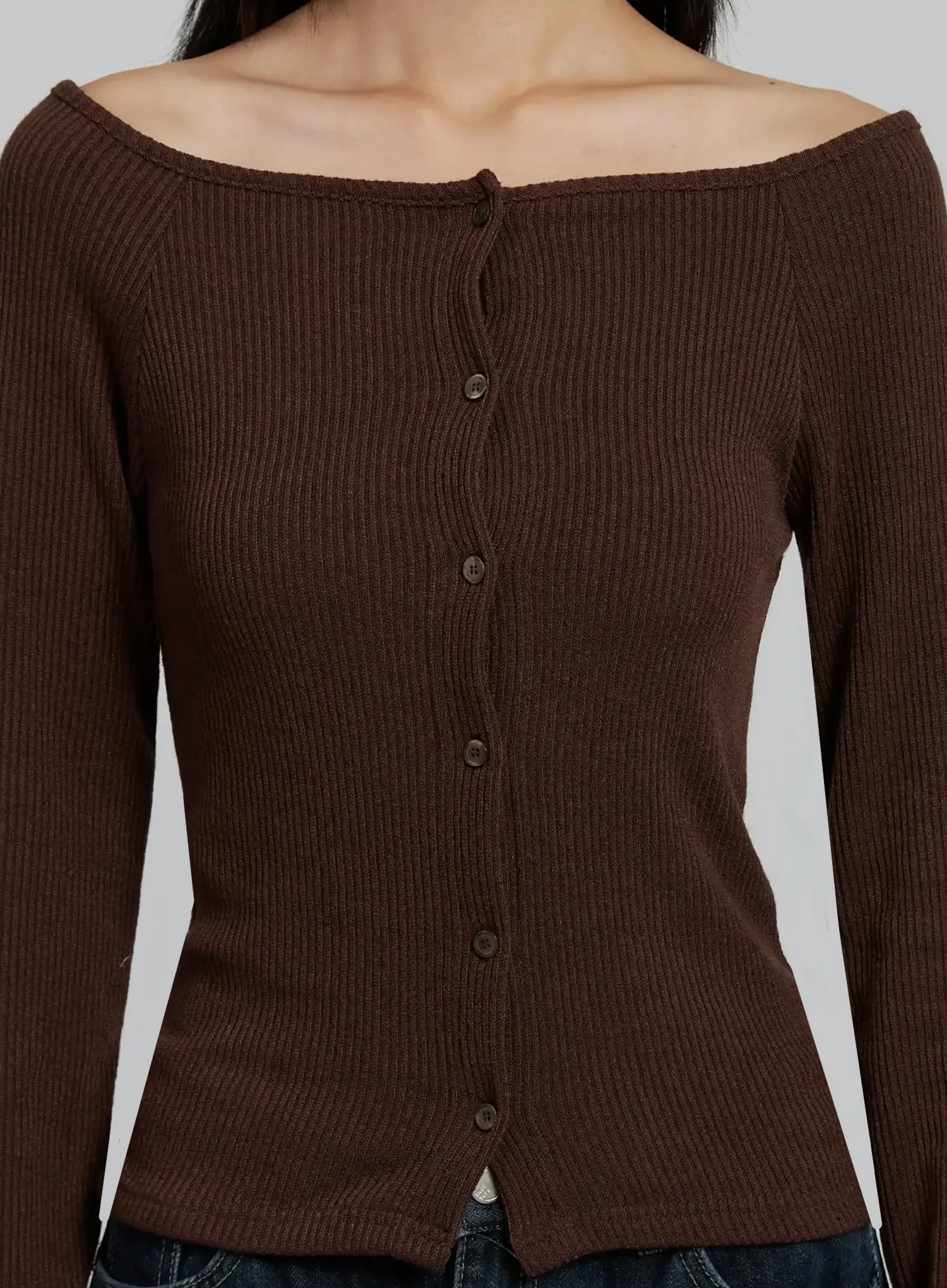 Off-Shoulder Button Ribbed Cardigan IM520 - Image 4