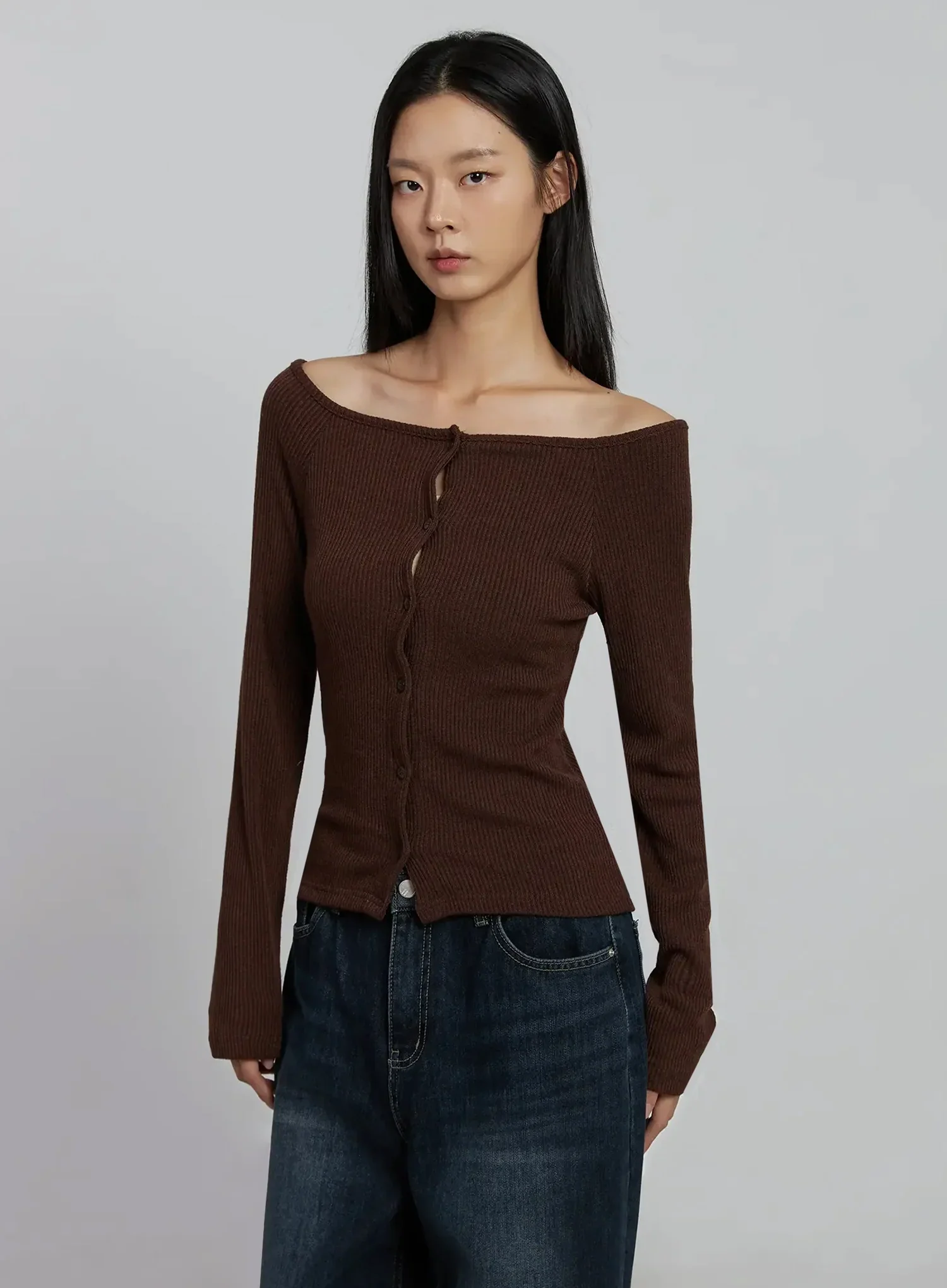 Off-Shoulder Button Ribbed Cardigan IM520 - Image 6