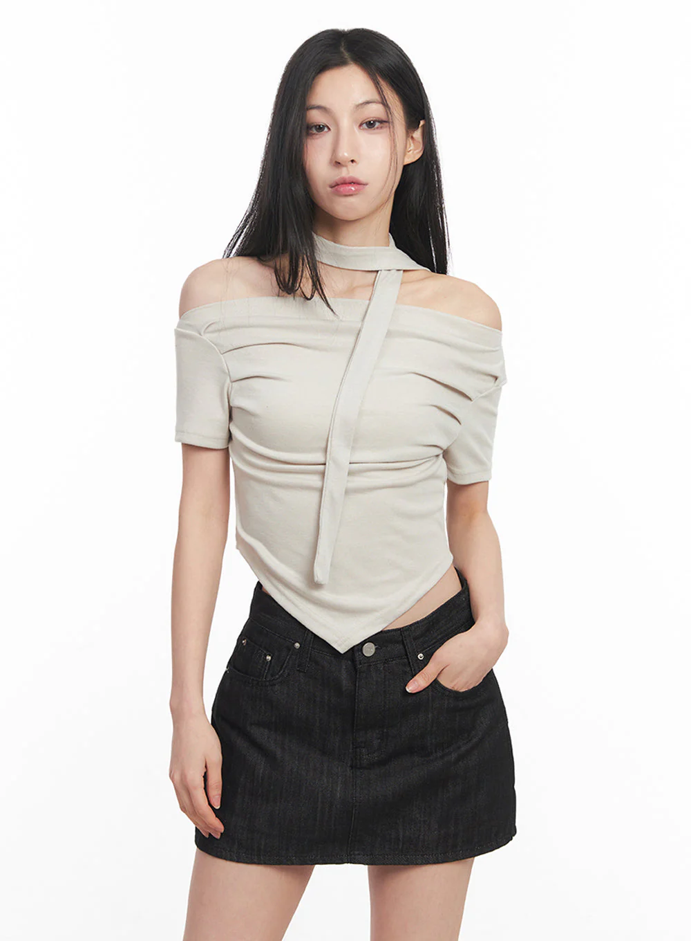 Off-Shoulder Crop Tee & Scarf Set IY516 - Image 6