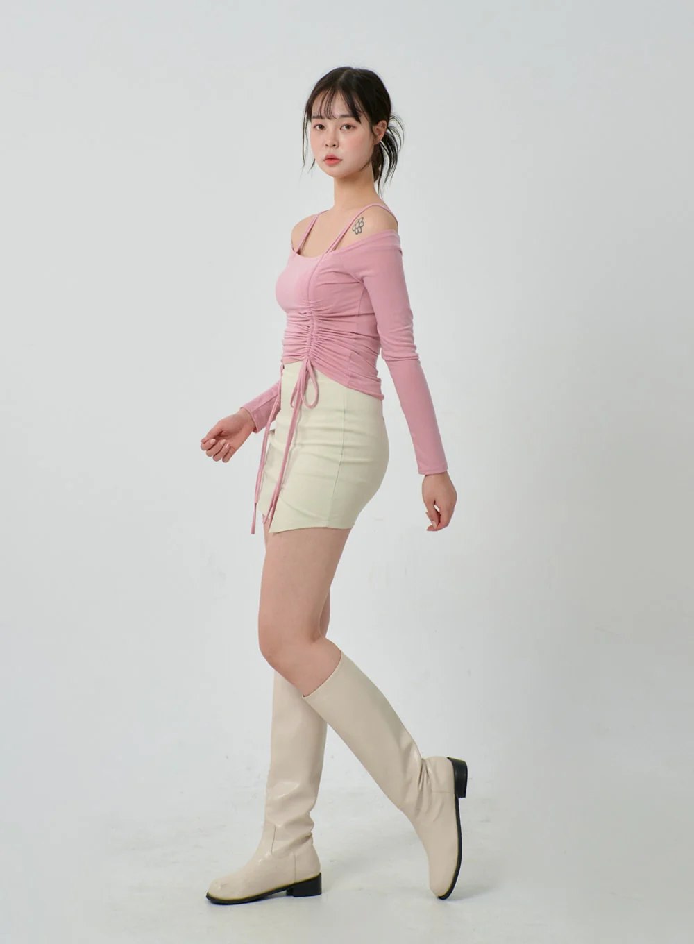 Off-Shoulder Double Front Tie Ruched Top IJ304 - Image 8
