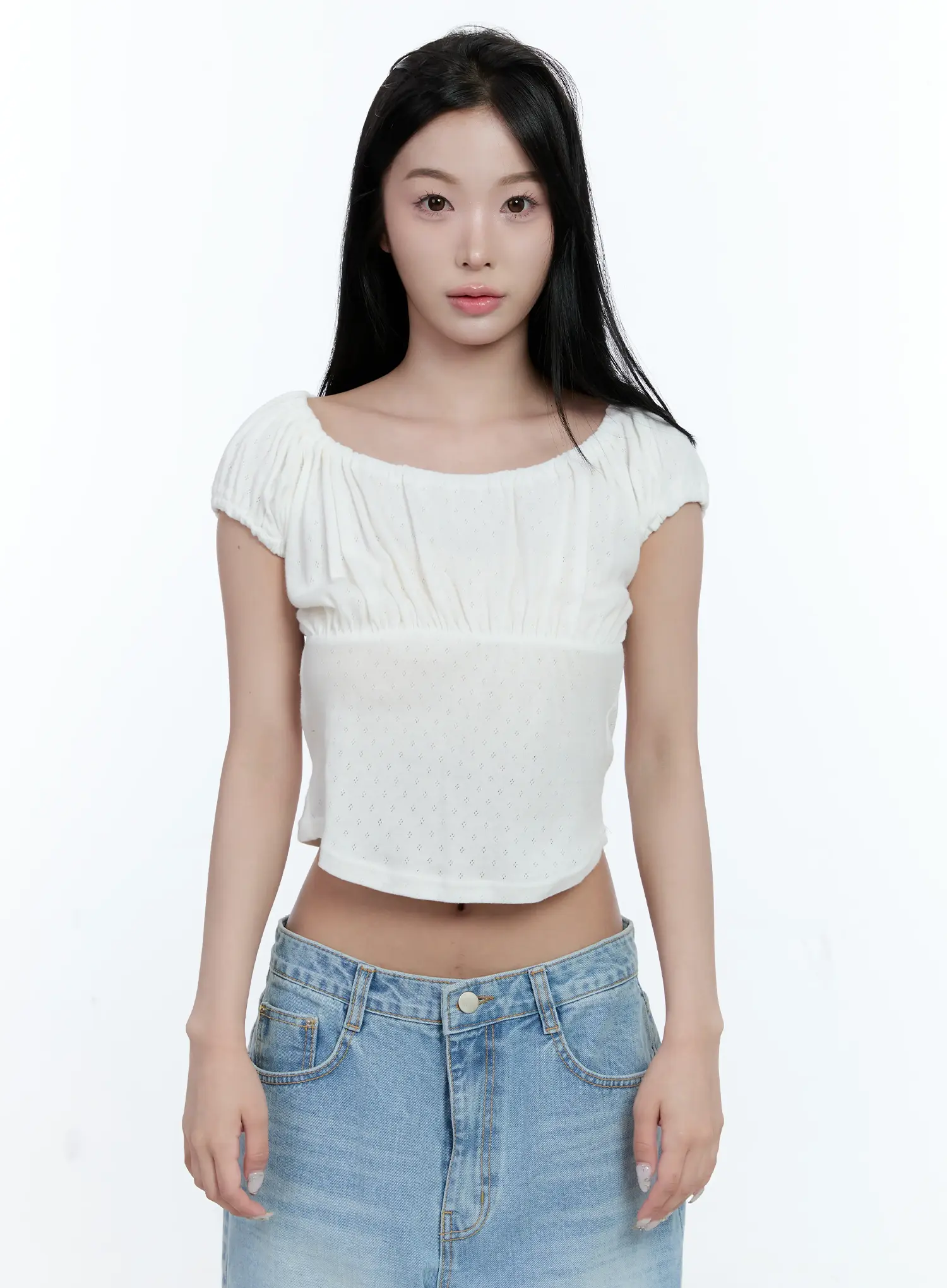 Off-Shoulder Eyelet Puff-Sleeve Top CL530 - Image 9