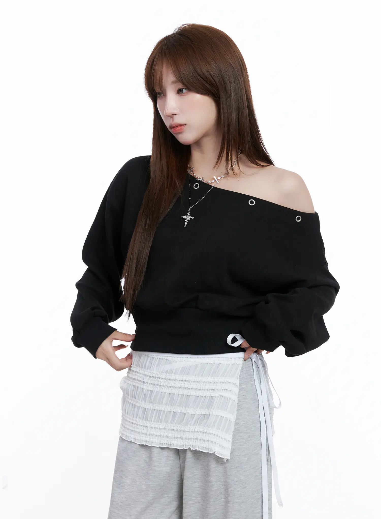 Off-Shoulder Eyelet Sweatshirt CG529 - Image 8