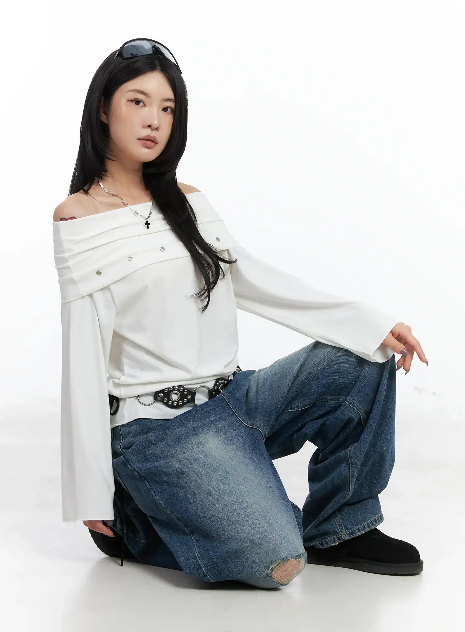 Off-Shoulder Eyelet Top CN528