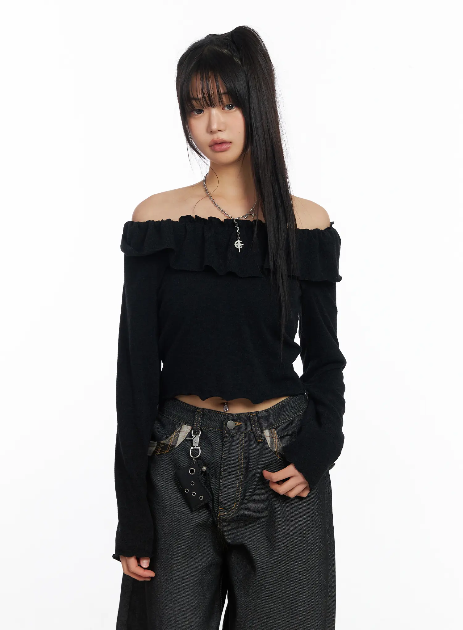 Off-Shoulder Frill Long Sleeve Top CF506 - Image 2