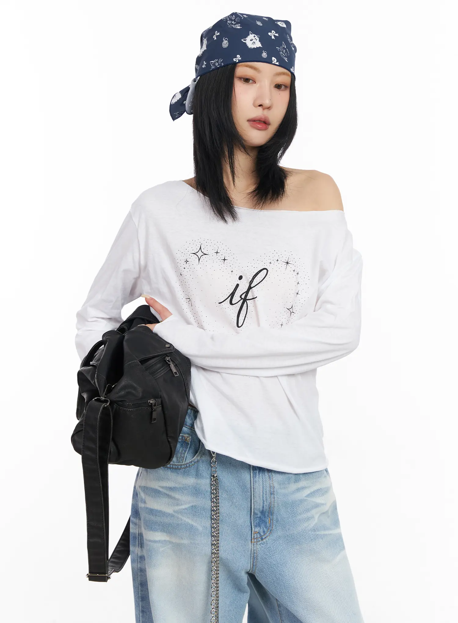 Off-Shoulder Graphic Long Sleeve Top CF526