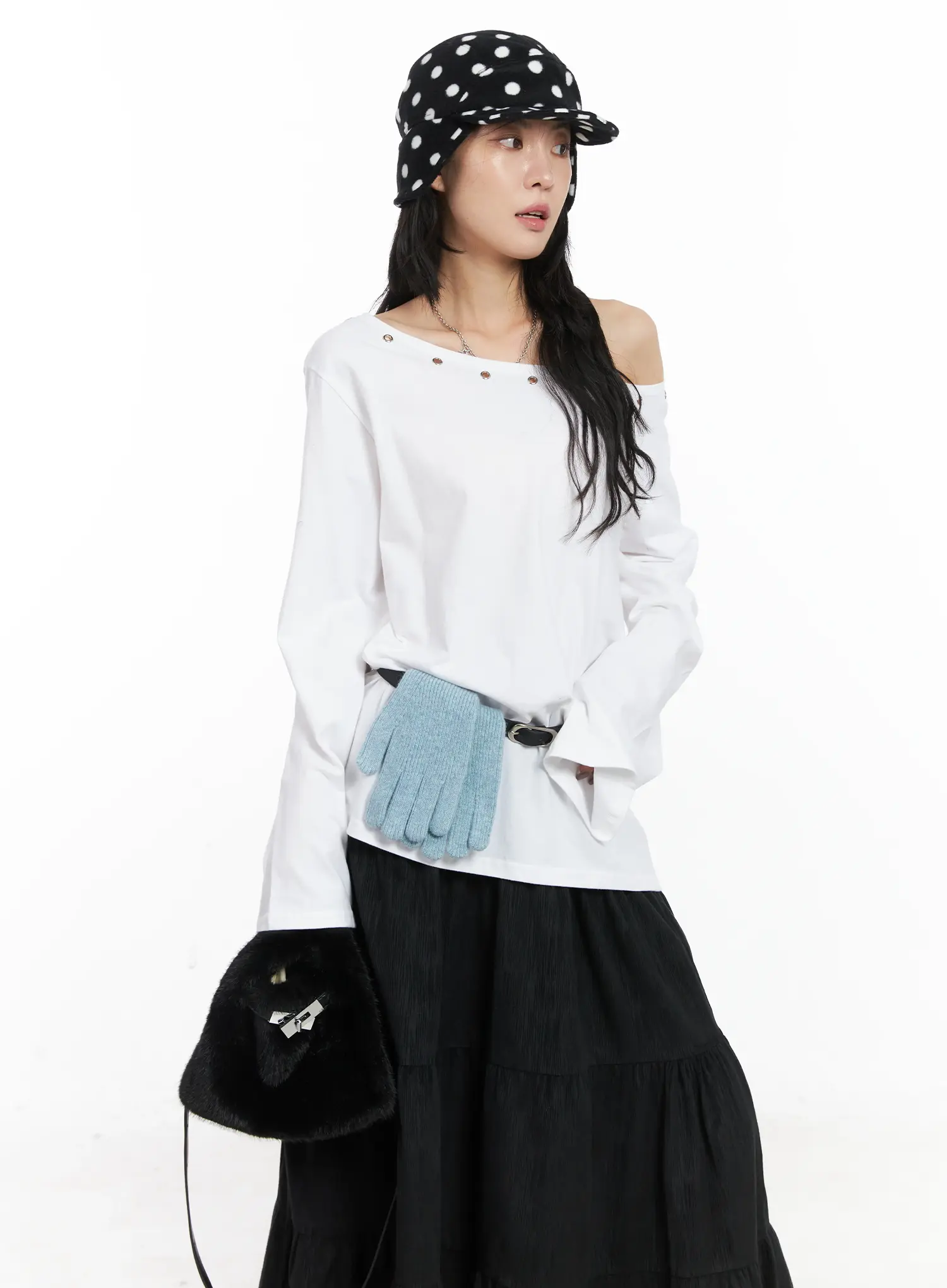 Off-Shoulder Grommet Long Sleeve Top CD502