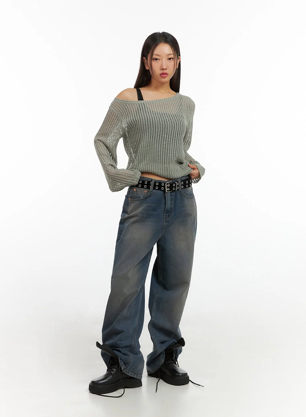 One-Shoulder See-Through Knit Top IS402 - Image 2