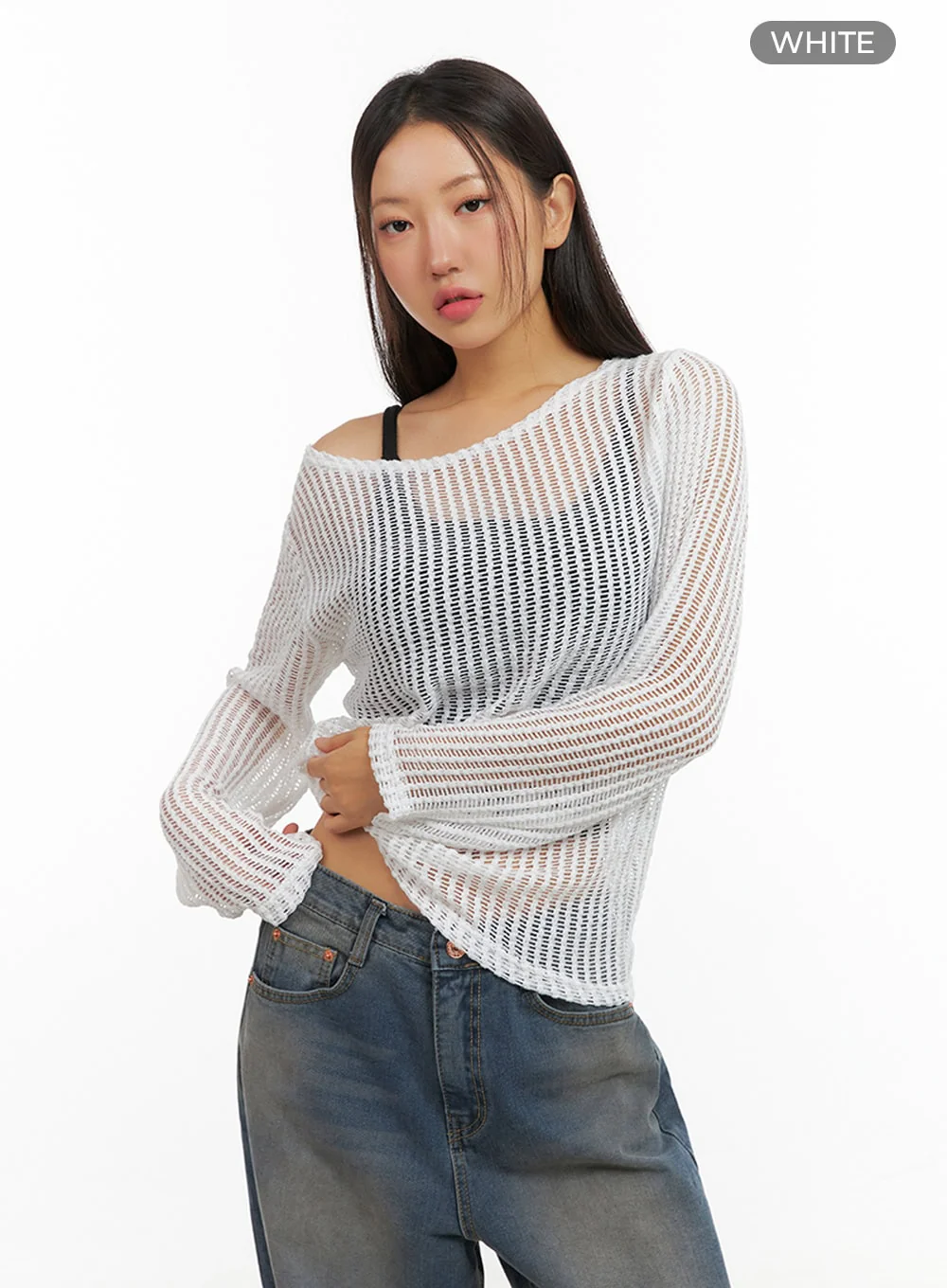One-Shoulder See-Through Knit Top IS402 - Image 8