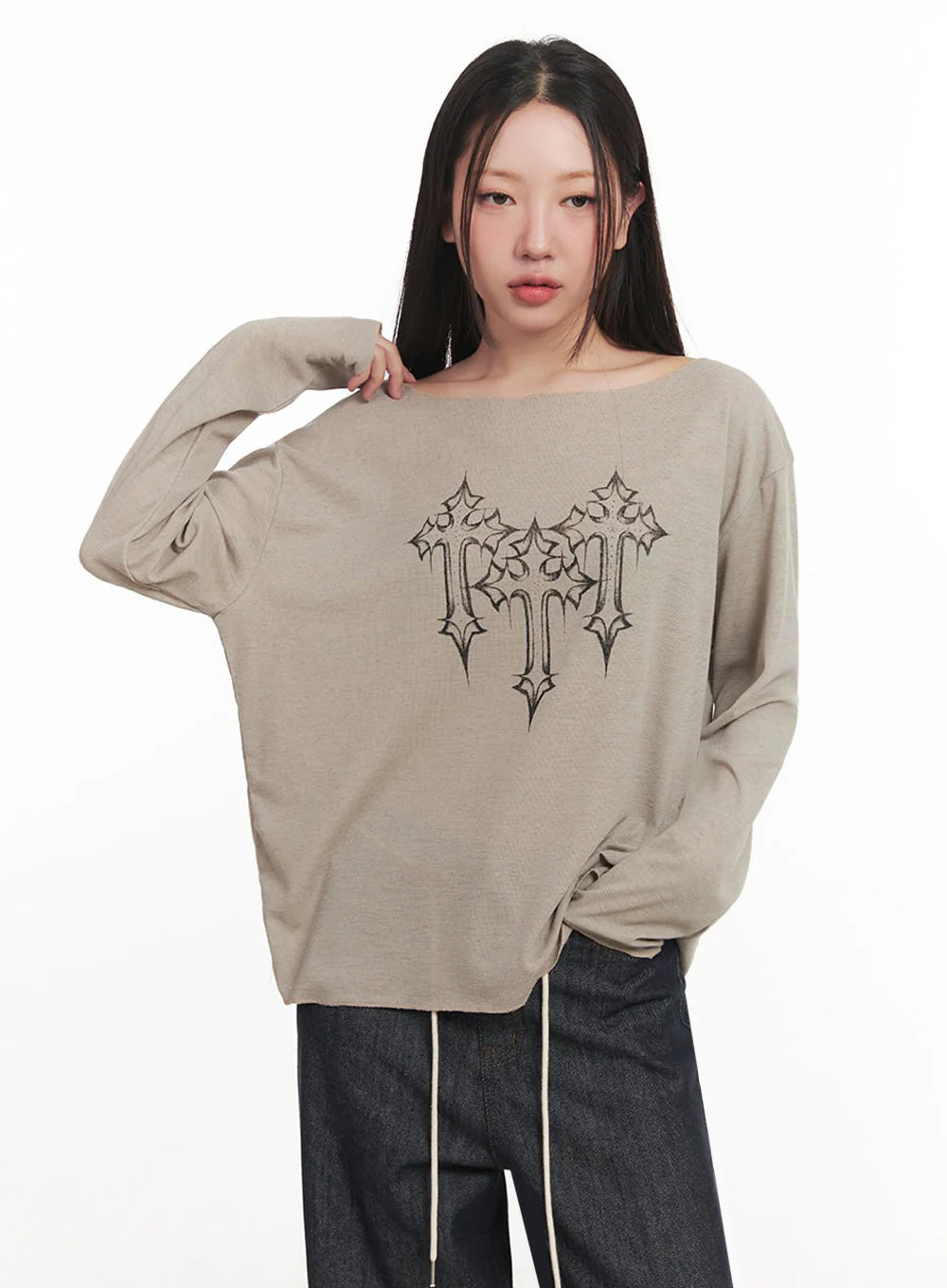 One-Shoulder Sheer Long-Sleeve Graphic Top IM528 - Image 2