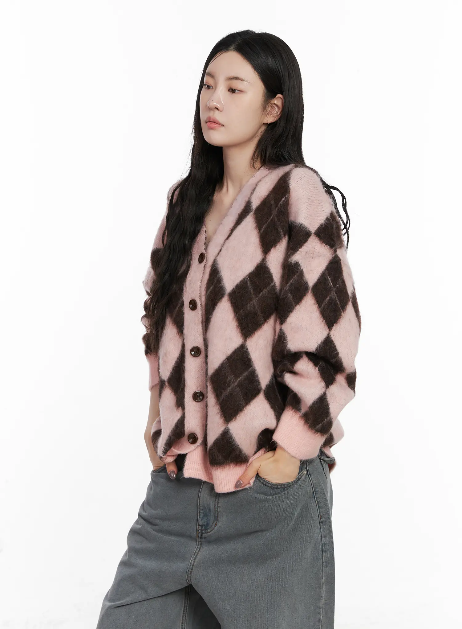 Oversized Argyle Knit Cardigan CN512 - Image 10