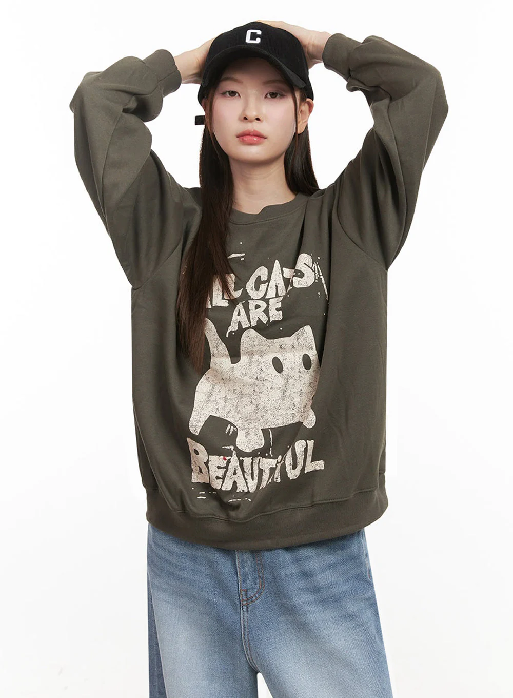 Oversized Cat Graphic Crew Neck IJ527 - Image 14
