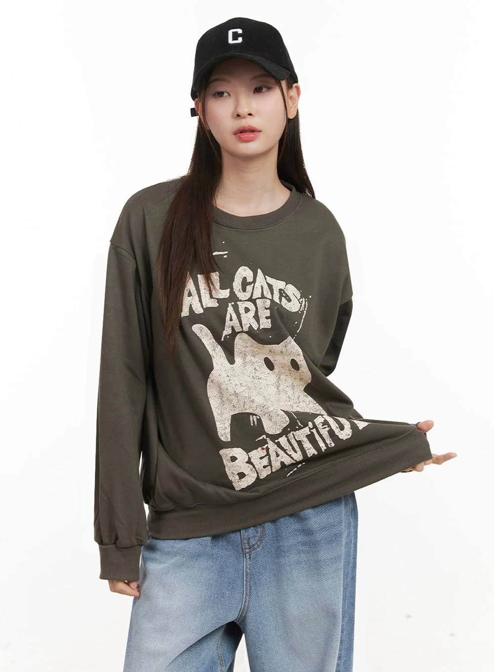 Oversized Cat Graphic Crew Neck IJ527 - Image 5