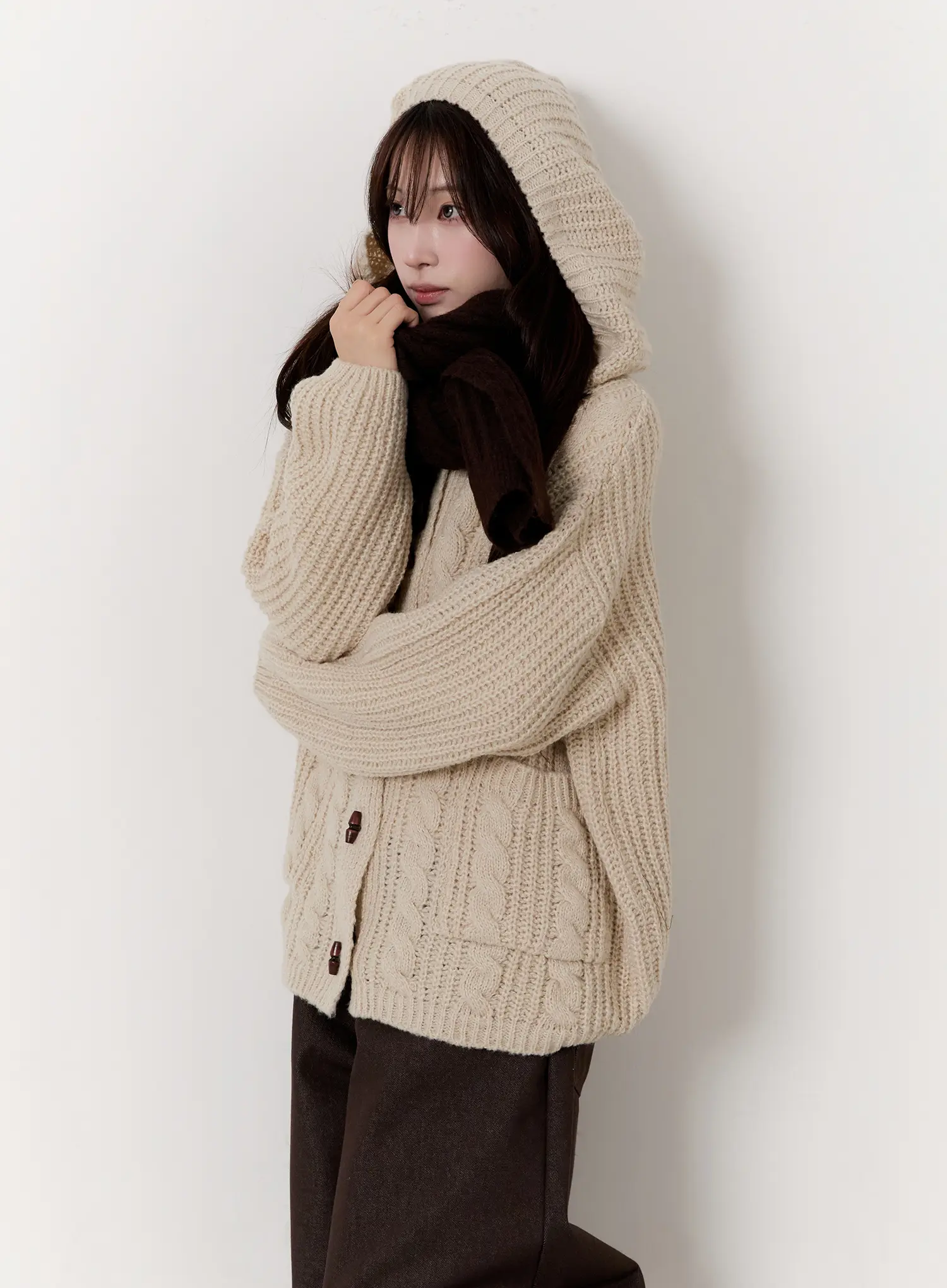 Oversized Knit Button-Up Hoodie CN524 - Image 6