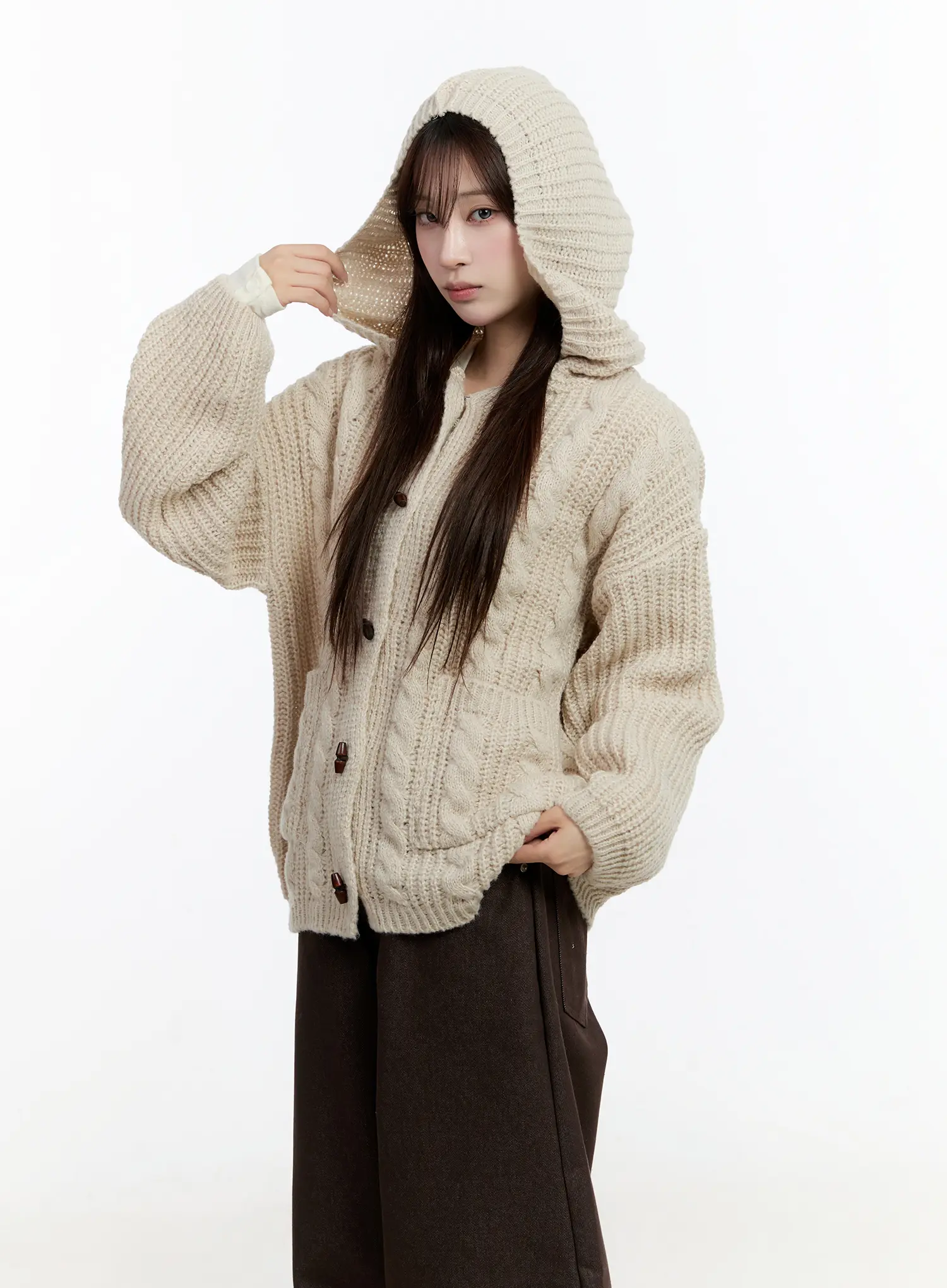 Oversized Knit Button-Up Hoodie CN524 - Image 7