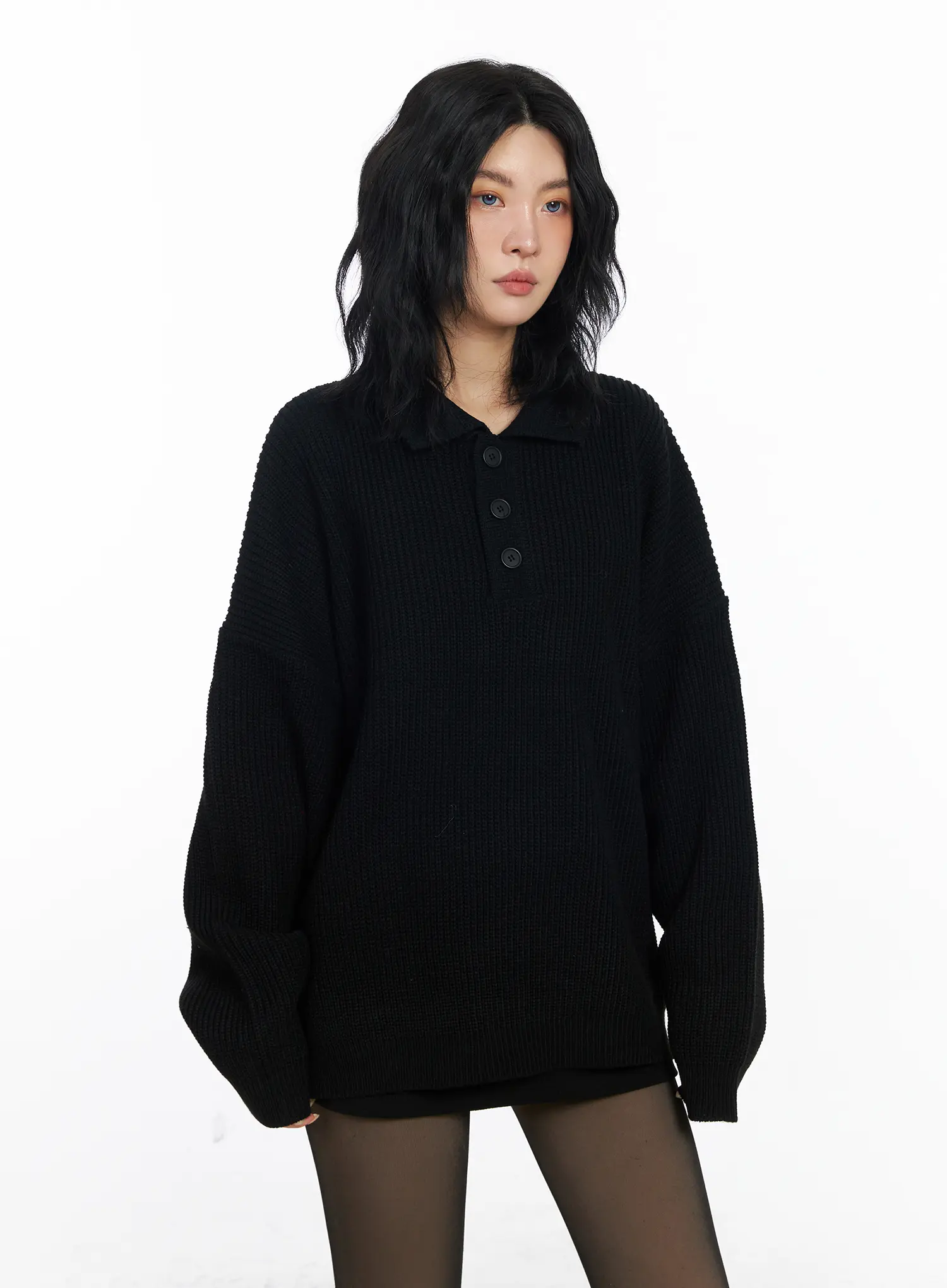 Oversized Knit Polo Sweater CJ523 - Image 10