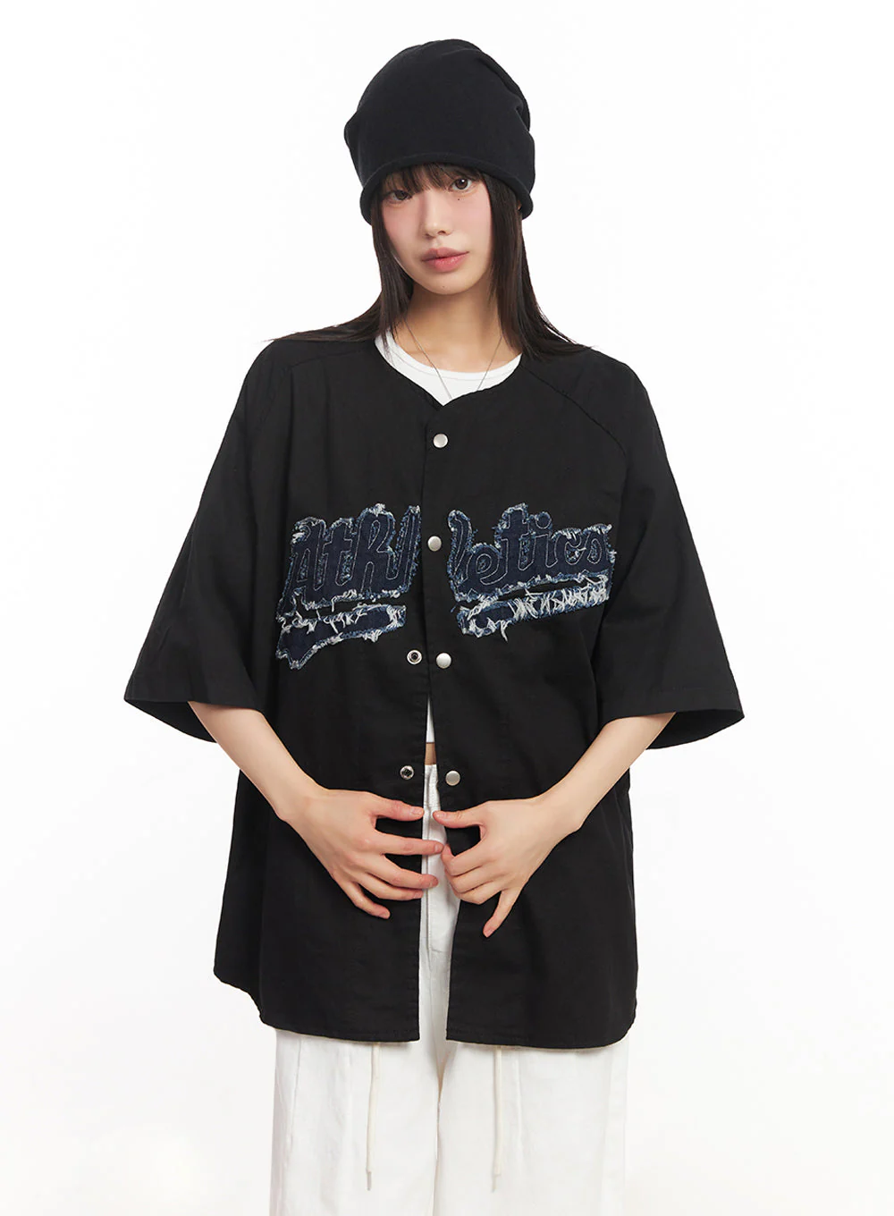 Oversized Patchwork Button-Up Shirt IA528 - Image 9