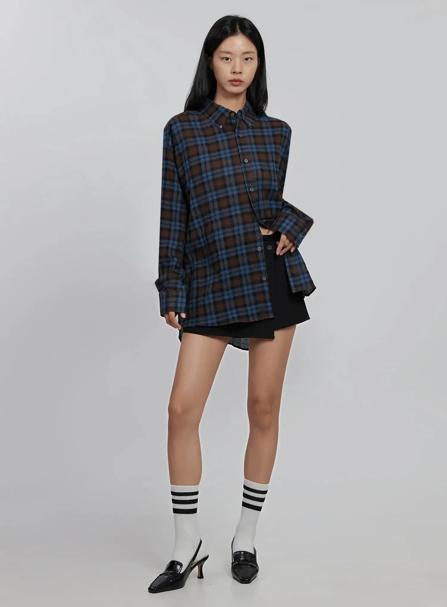 Oversized Plaid Button-Up Shirt ID504 - Image 7