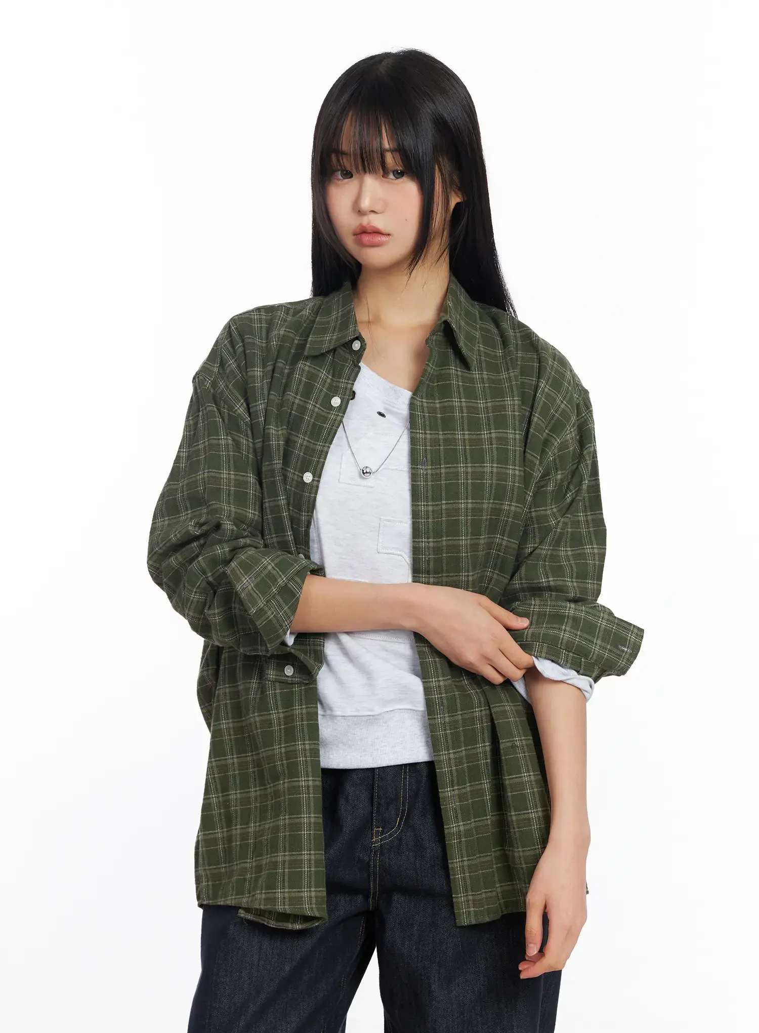 Oversized Plaid Flannel Button-Up Shirt CF504 - Image 2