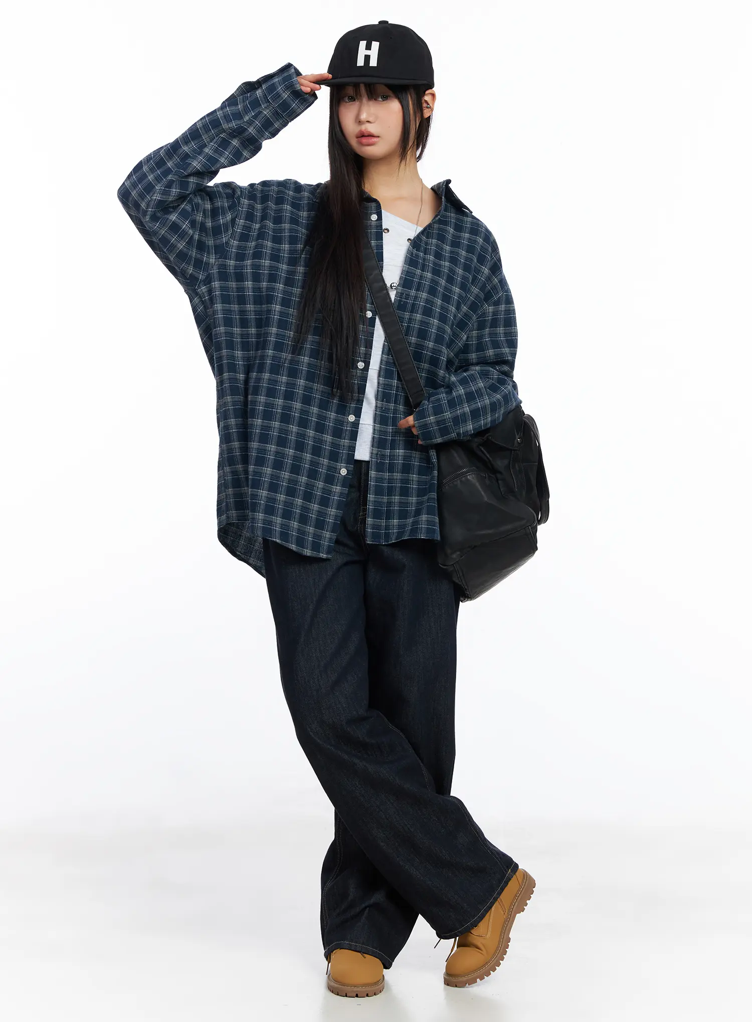 Oversized Plaid Flannel Button-Up Shirt CF504 - Image 3