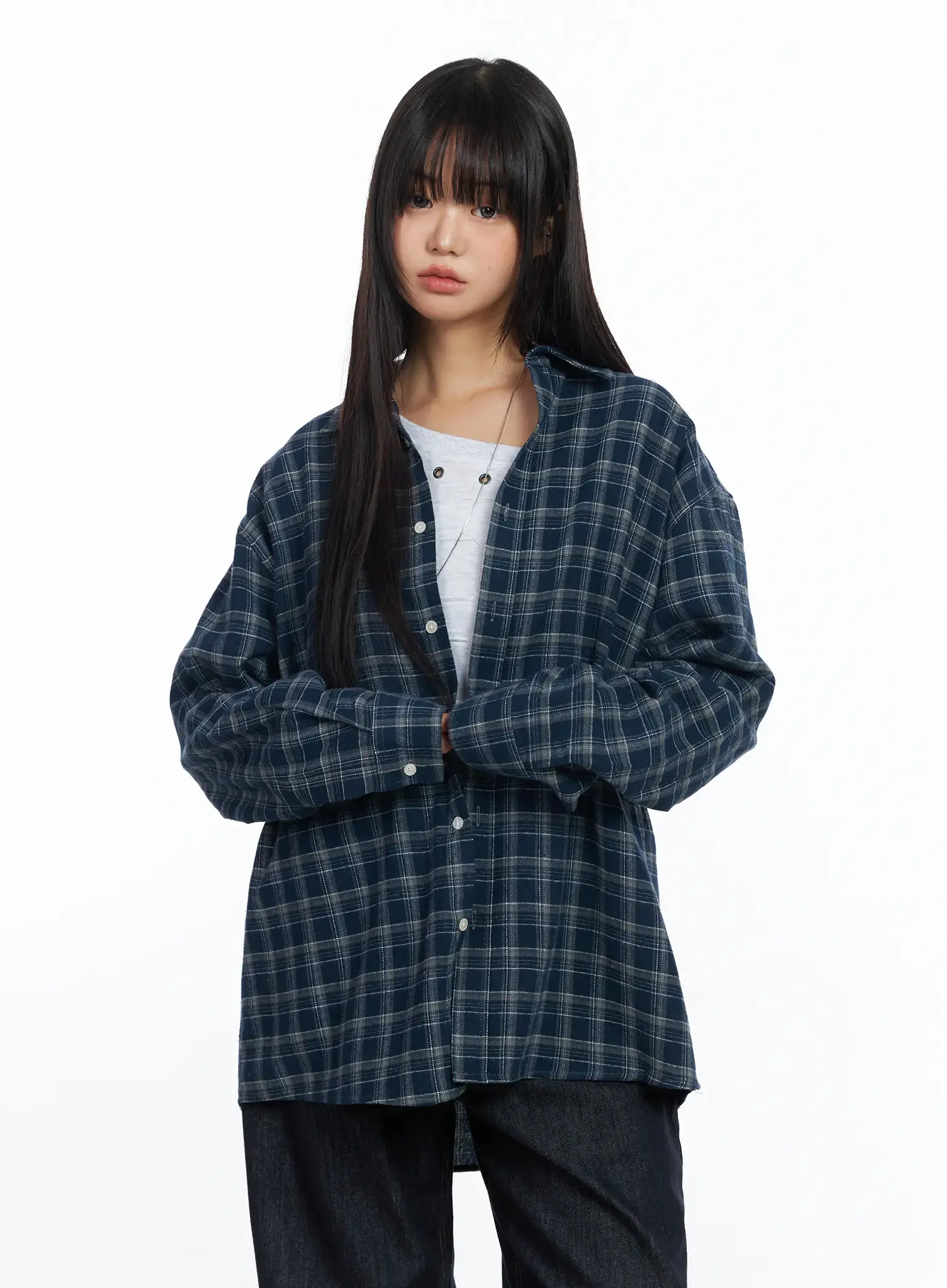 Oversized Plaid Flannel Button-Up Shirt CF504 - Image 4
