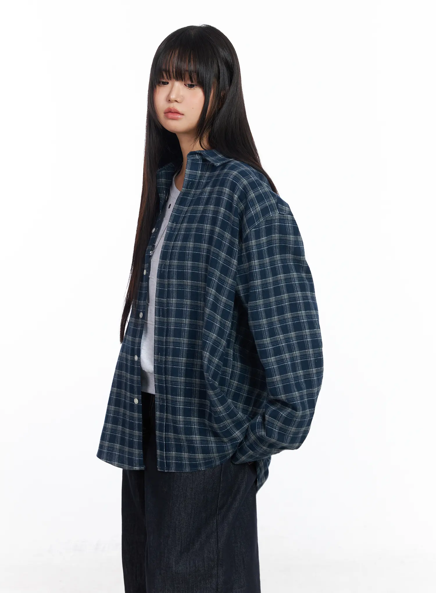 Oversized Plaid Flannel Button-Up Shirt CF504 - Image 6