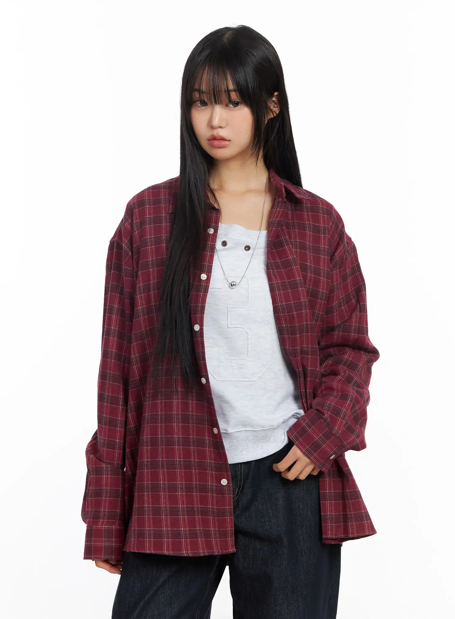 Oversized Plaid Flannel Button-Up Shirt CF504 - Image 8