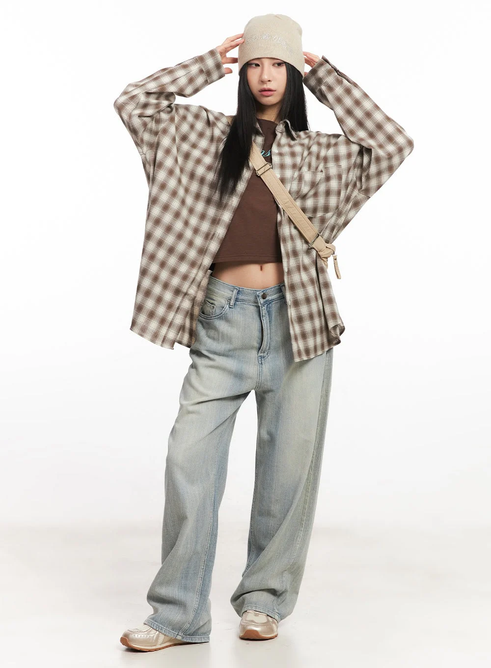 Oversized Plaid Print Button-Down Shirt CA514 - Image 2