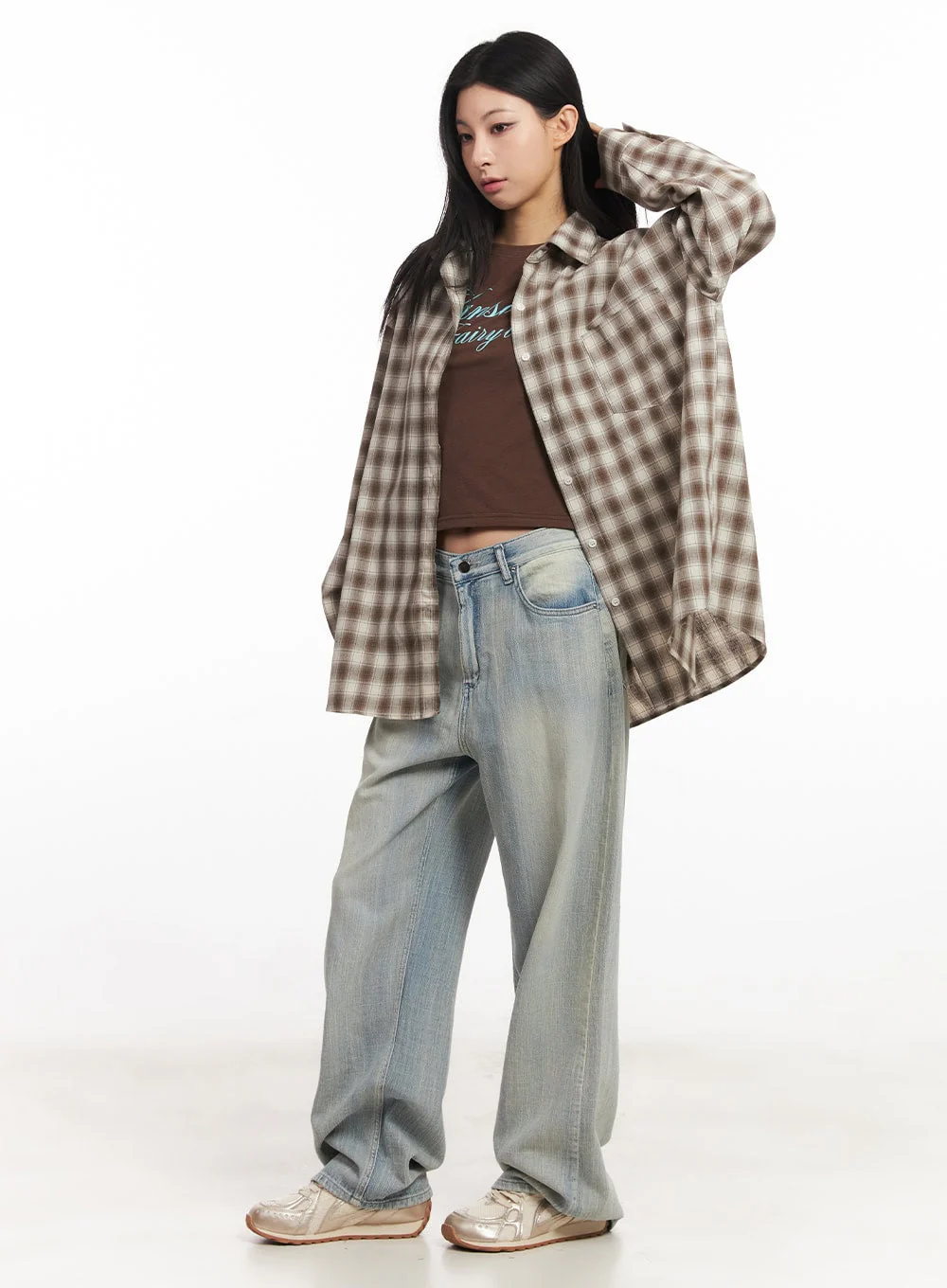 Oversized Plaid Print Button-Down Shirt CA514 - Image 3