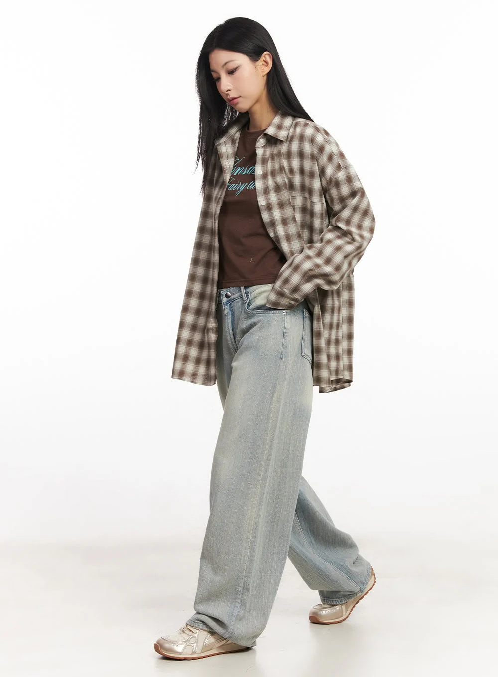Oversized Plaid Print Button-Down Shirt CA514 - Image 4