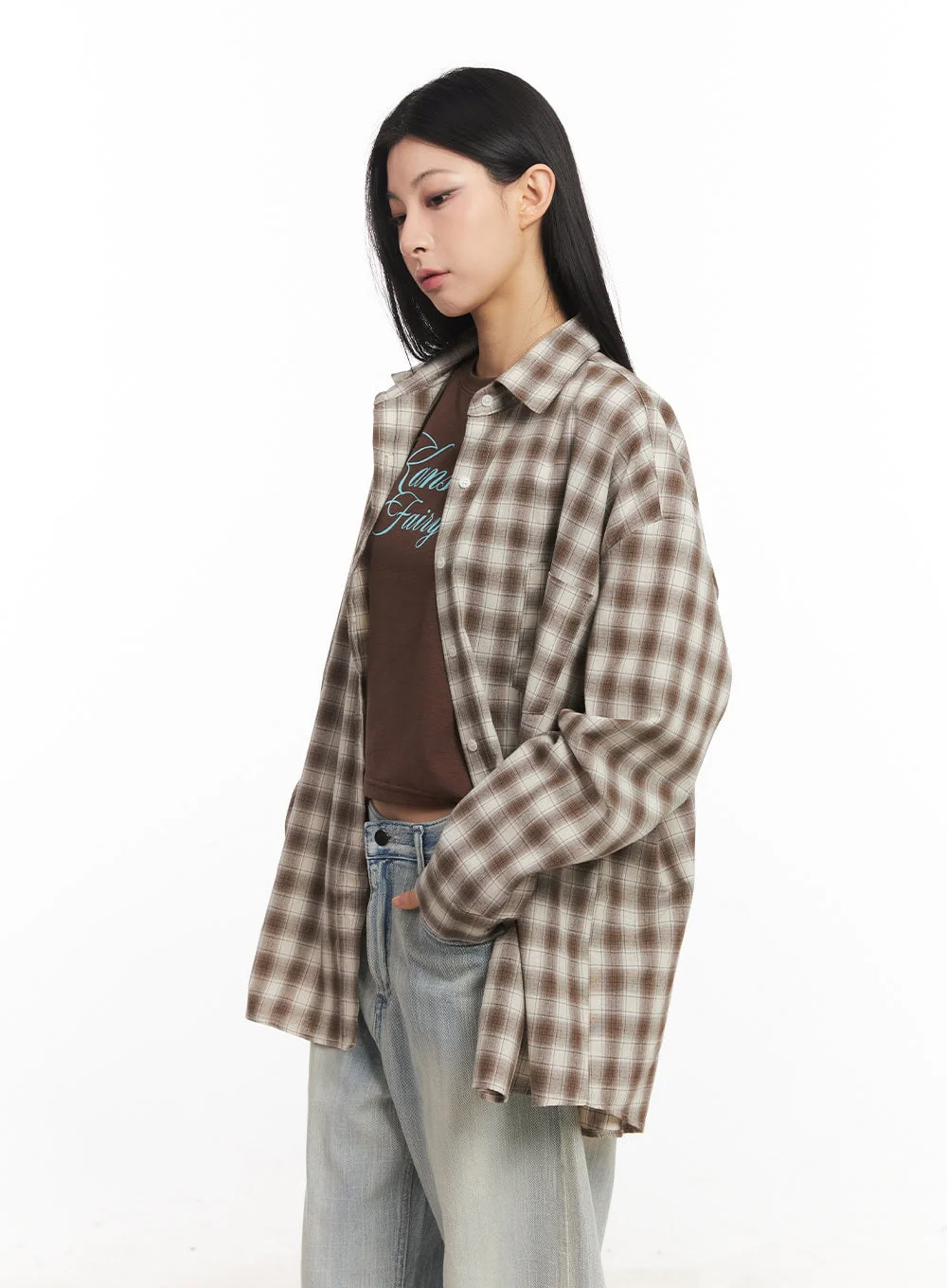 Oversized Plaid Print Button-Down Shirt CA514 - Image 5