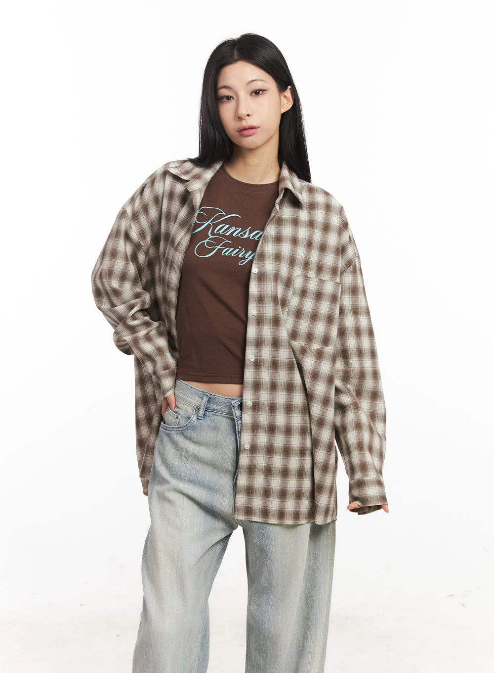 Oversized Plaid Print Button-Down Shirt CA514 - Image 9