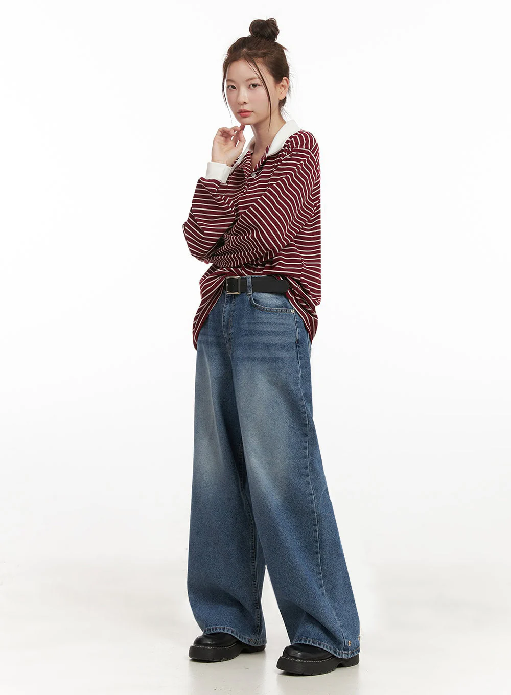 Oversized Stripe Collared Long Sleeve Top IJ527 - Image 13