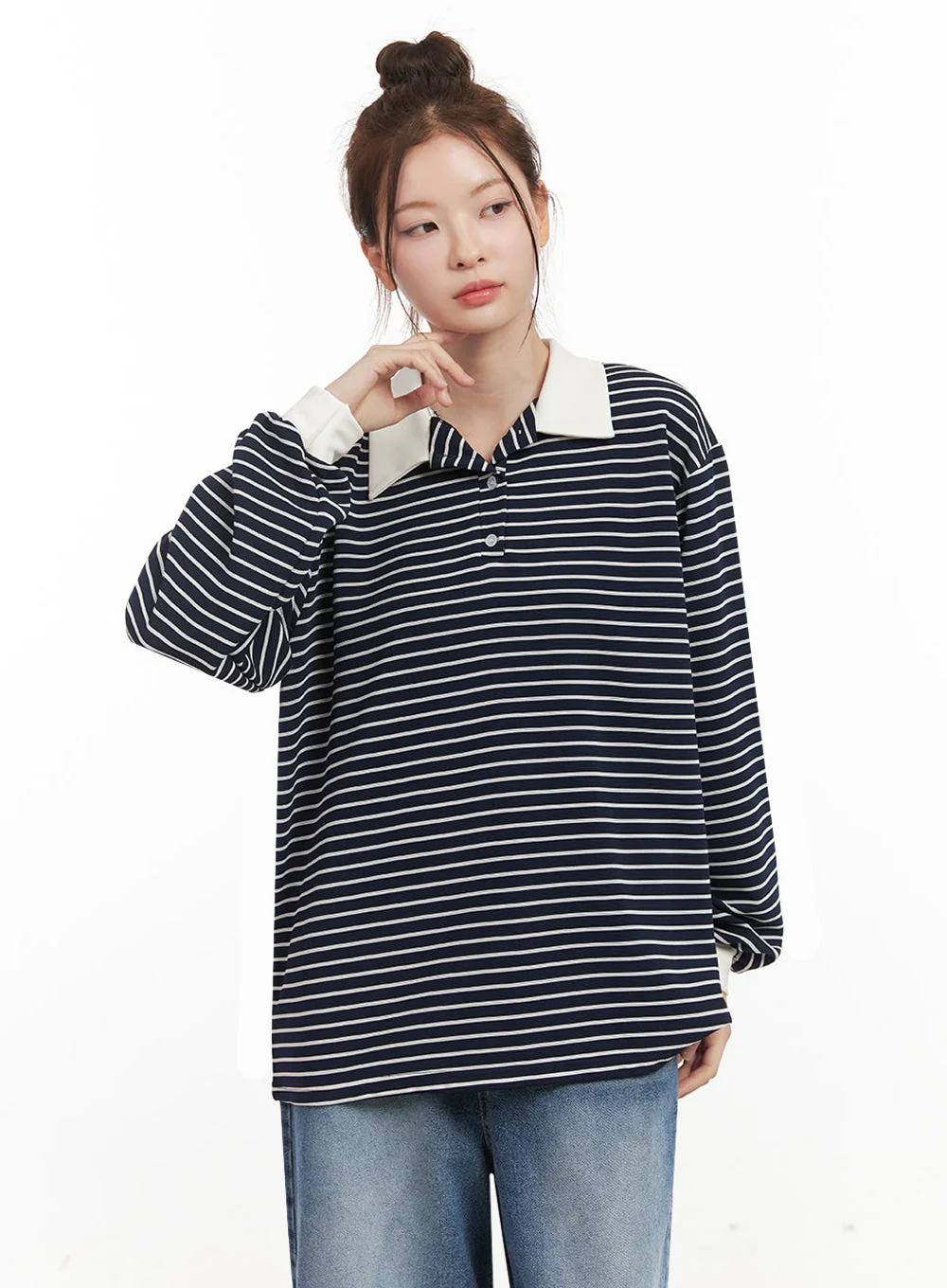 Oversized Stripe Collared Long Sleeve Top IJ527 - Image 2