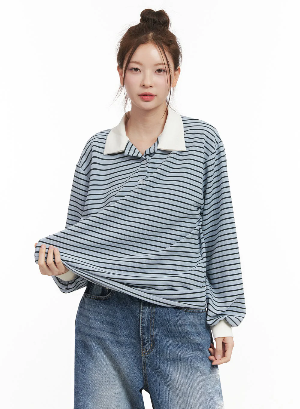 Oversized Stripe Collared Long Sleeve Top IJ527 - Image 6