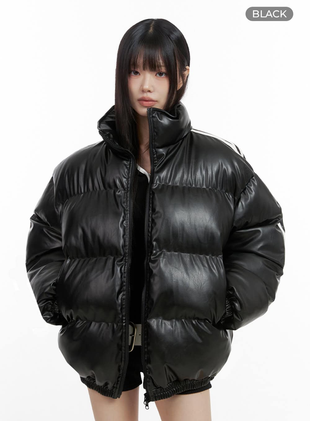 Oversized Stripe Leather Padded Coat IO430 - Image 10