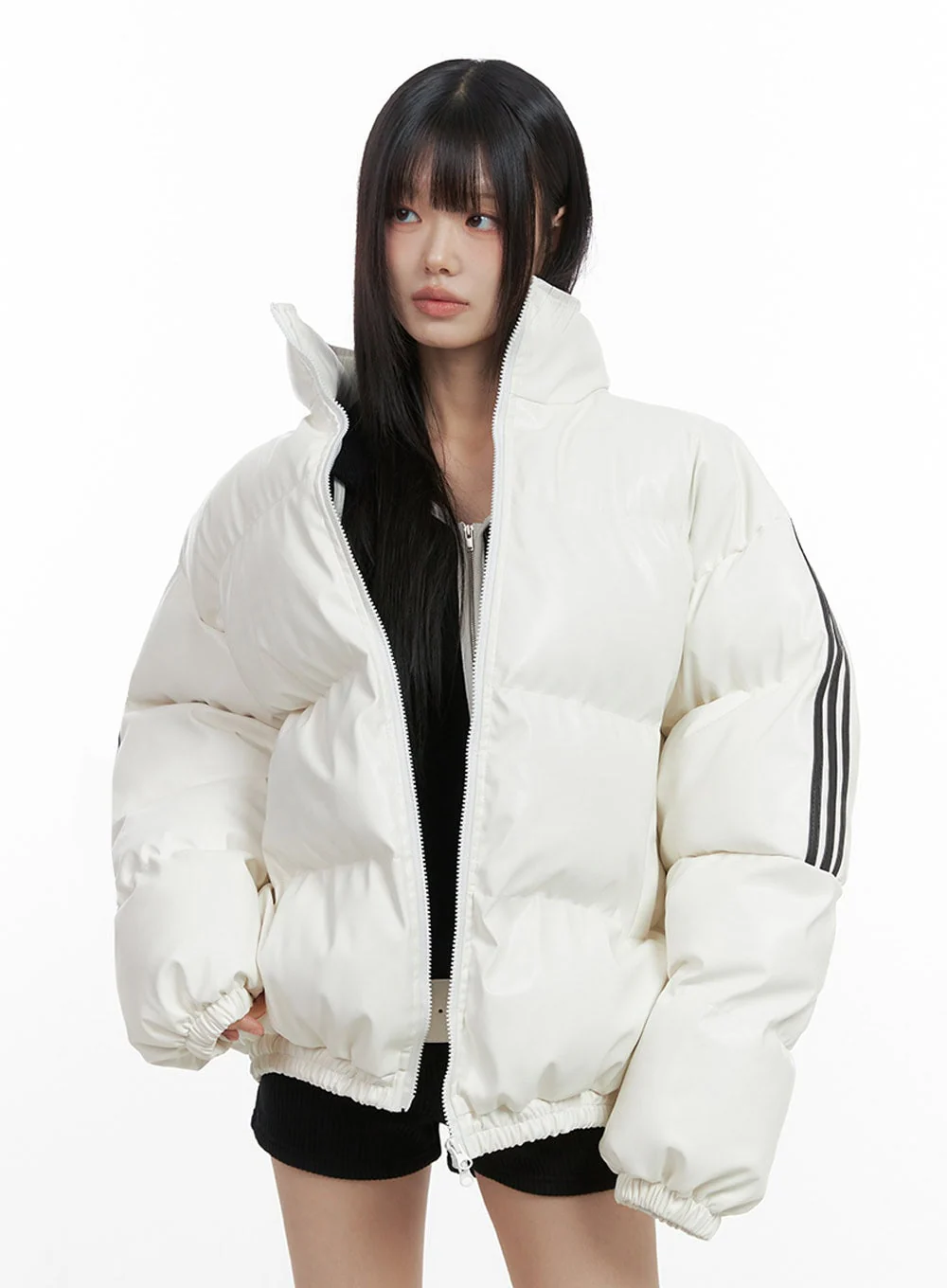 Oversized Stripe Leather Padded Coat IO430 - Image 4
