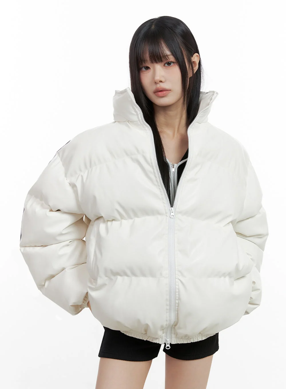 Oversized Stripe Leather Padded Coat IO430 - Image 5